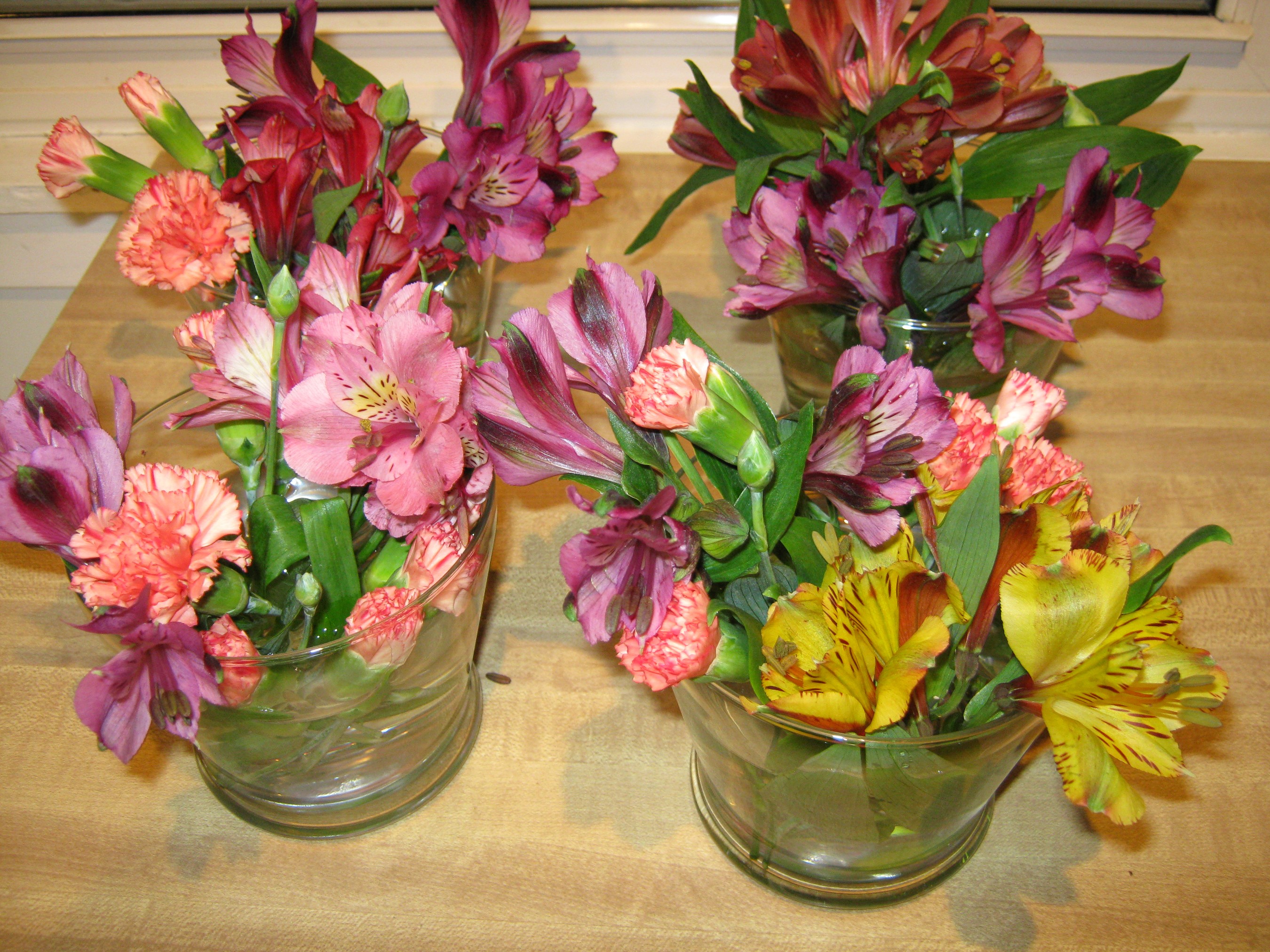 Alstroemeria and Carnations in Glass Vases HD Wallpaper