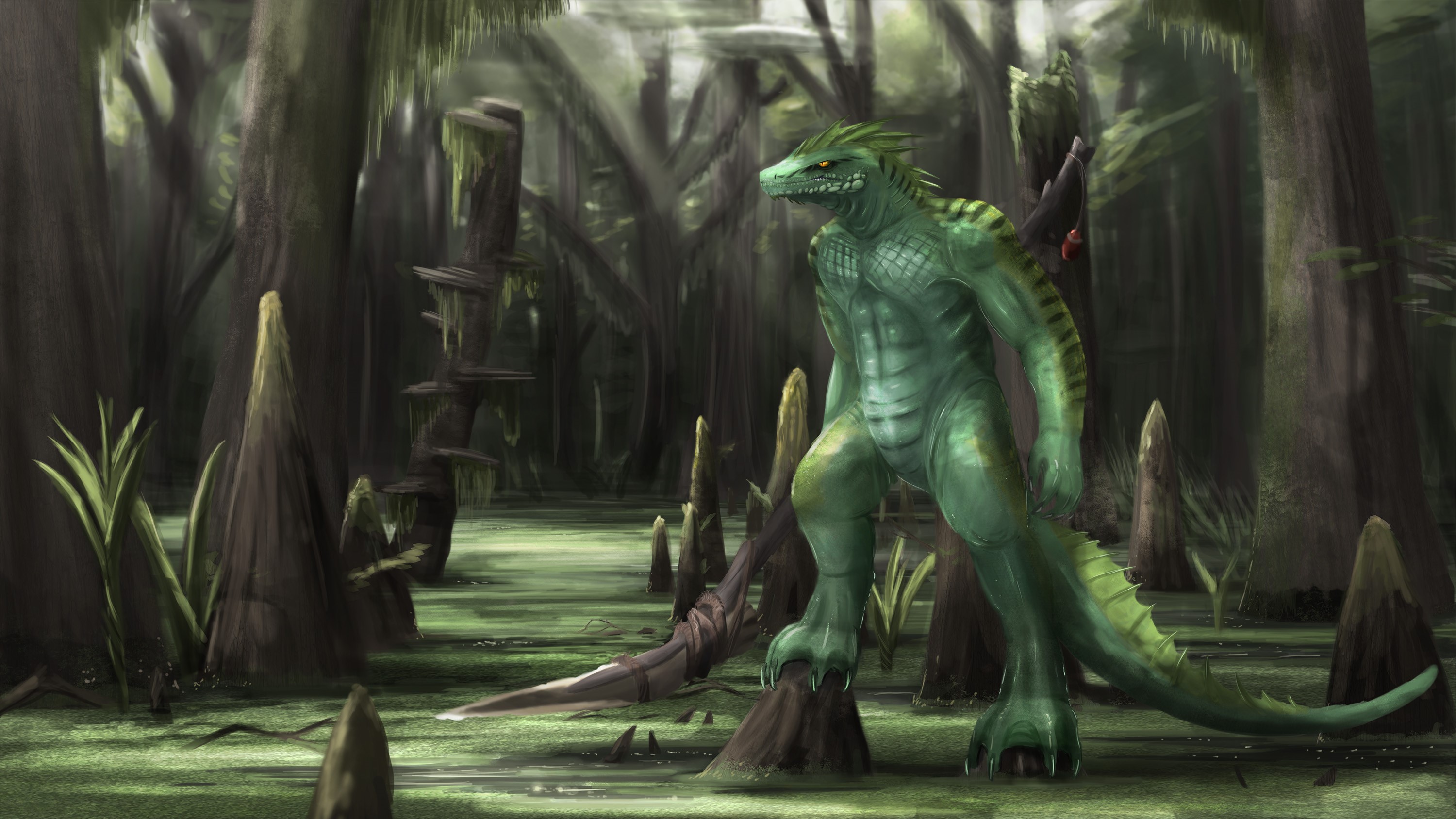 Green reptilian monster in a swamp HD Wallpaper