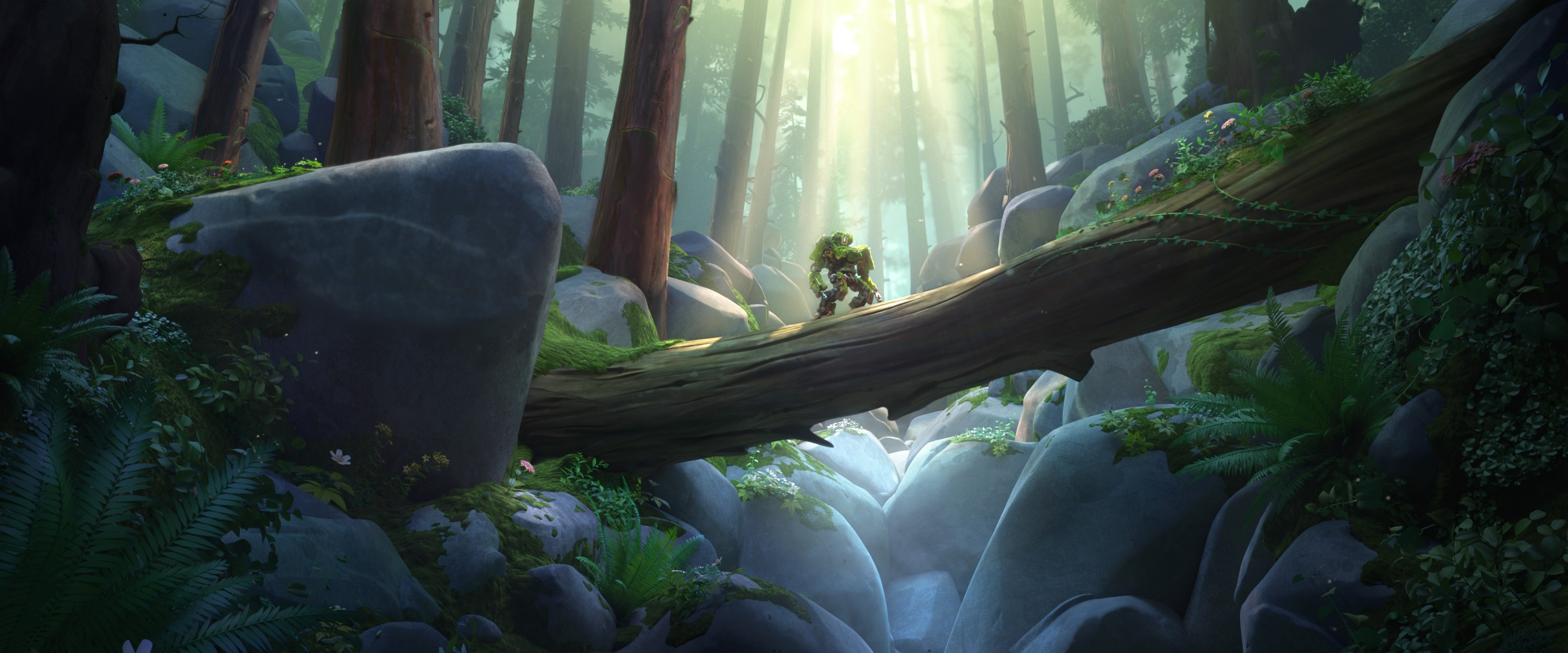 Robot crossing a log bridge in a forest HD Wallpaper