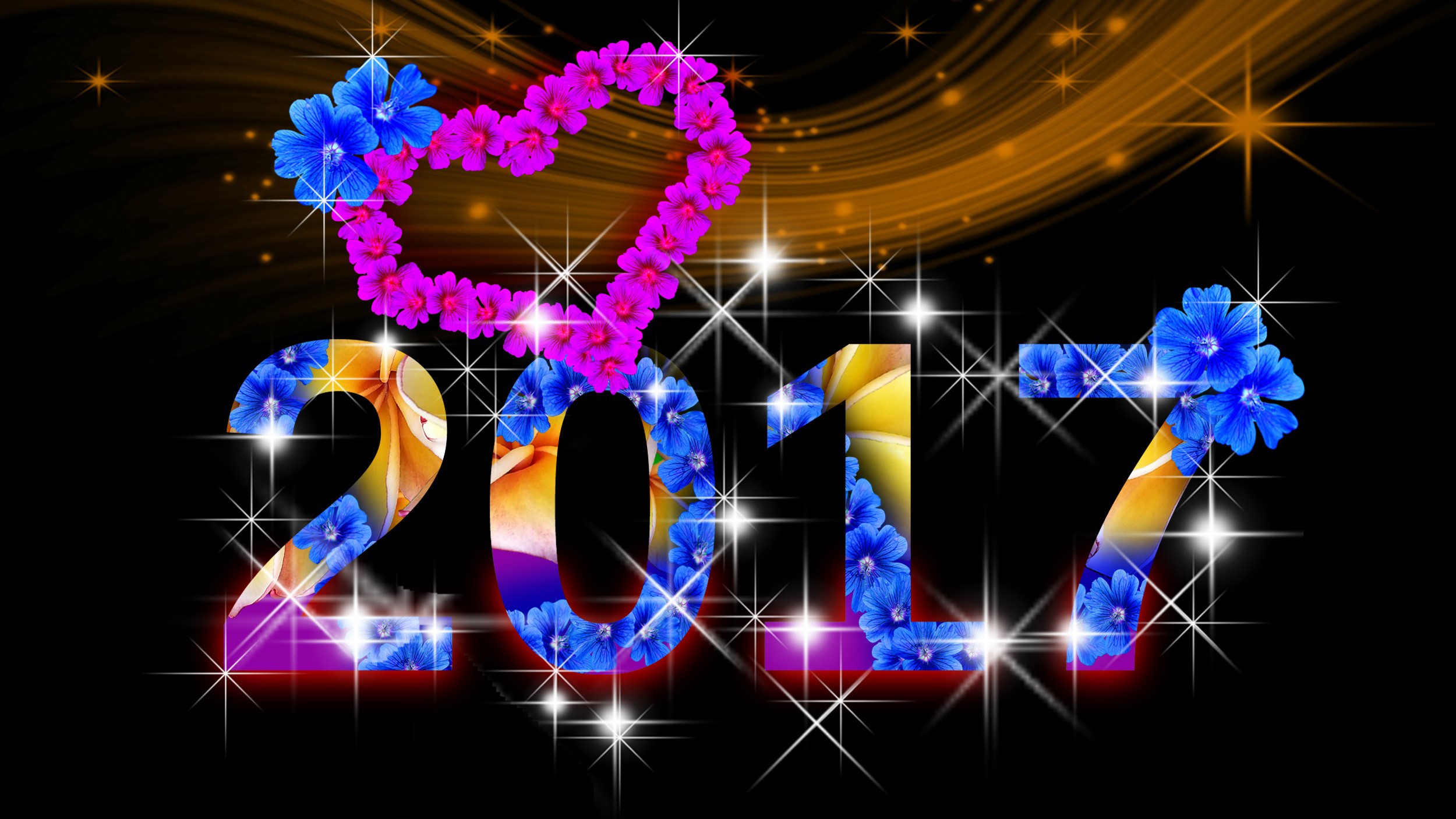 2017 New Year's Heart with Flowers HD Wallpaper