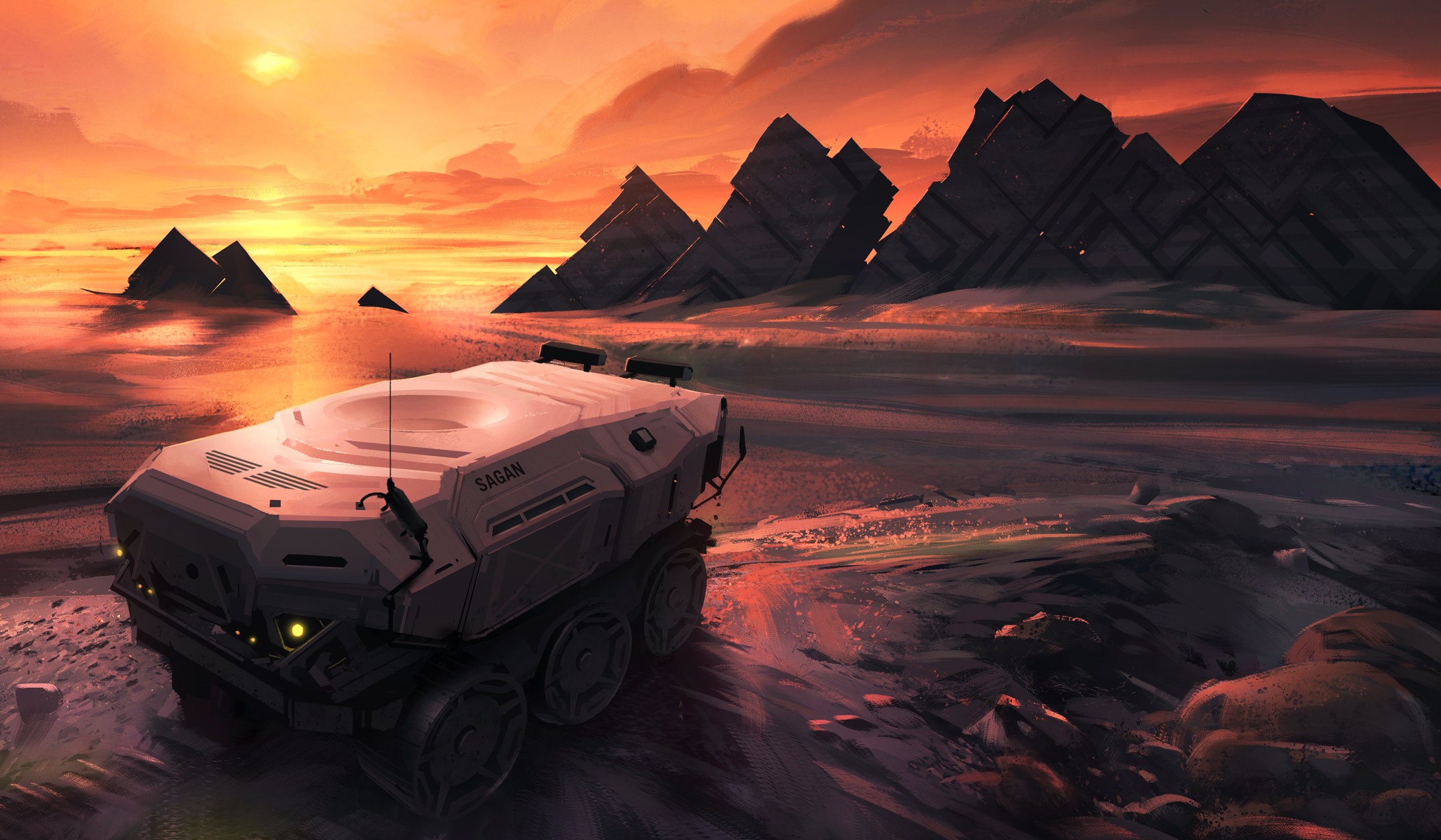 Sagan rover on a desolate alien planet at sunset HD Wallpaper