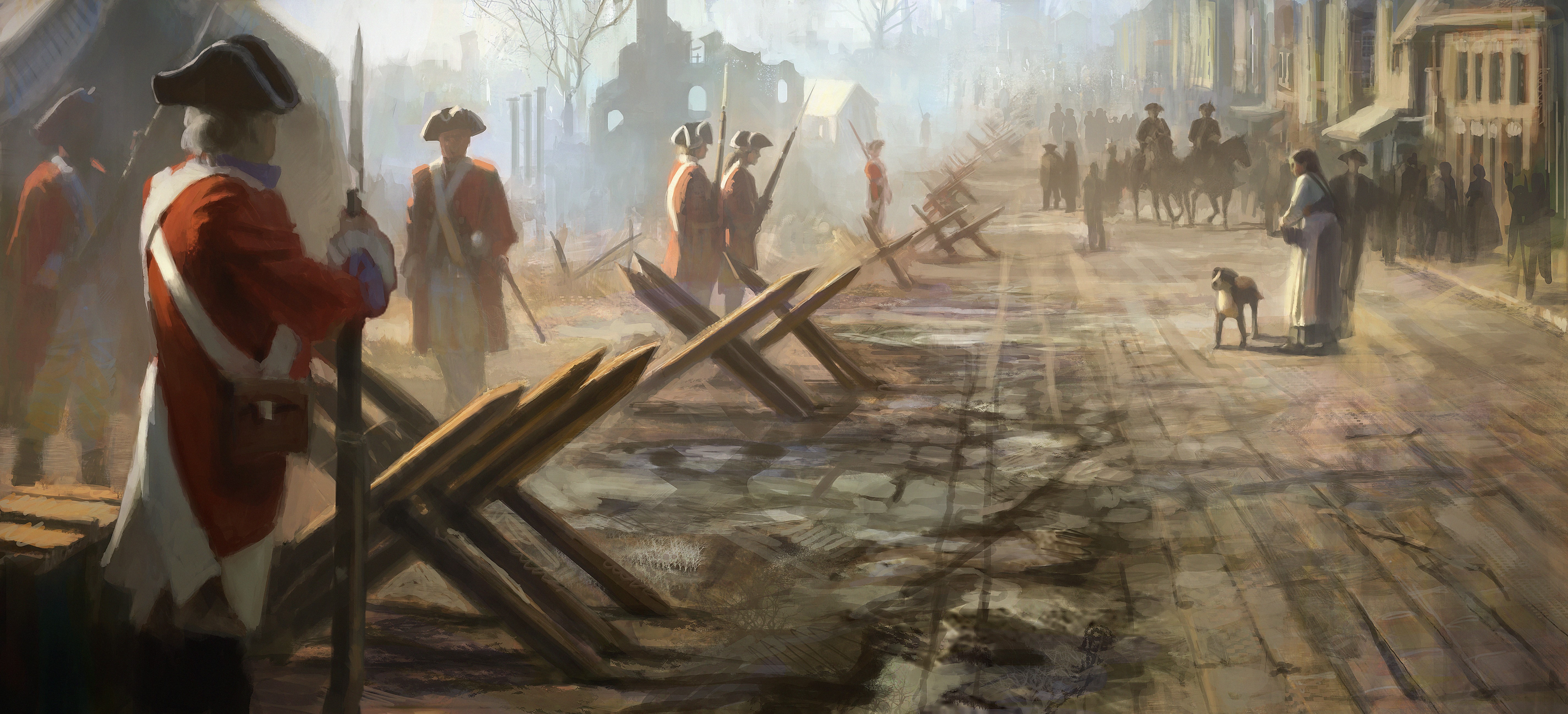 Soldiers in a street with barricades, Assassin's Creed 3 HD Wallpaper
