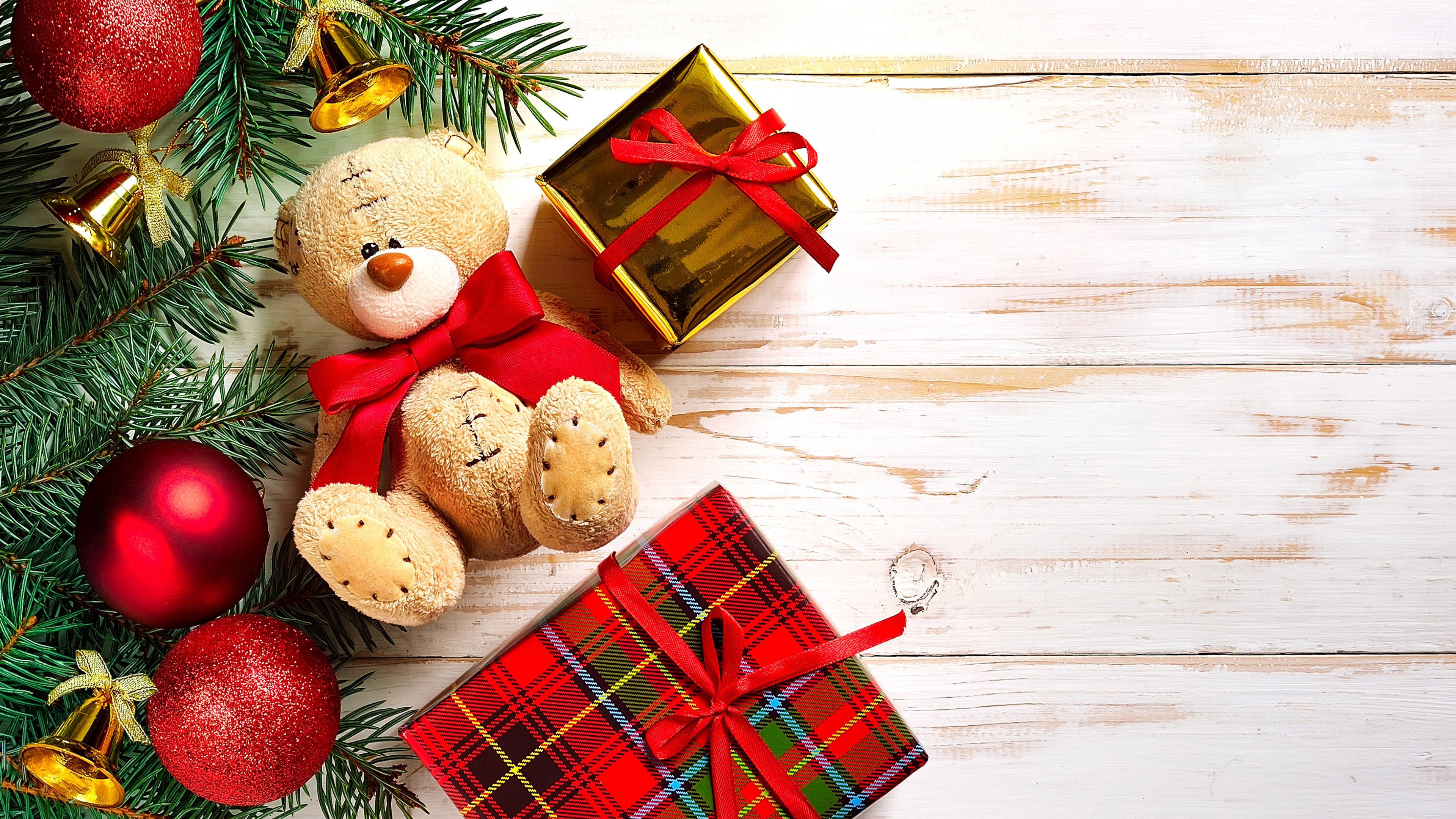 Christmas Teddy Bear with Gifts and Ornaments HD Wallpaper