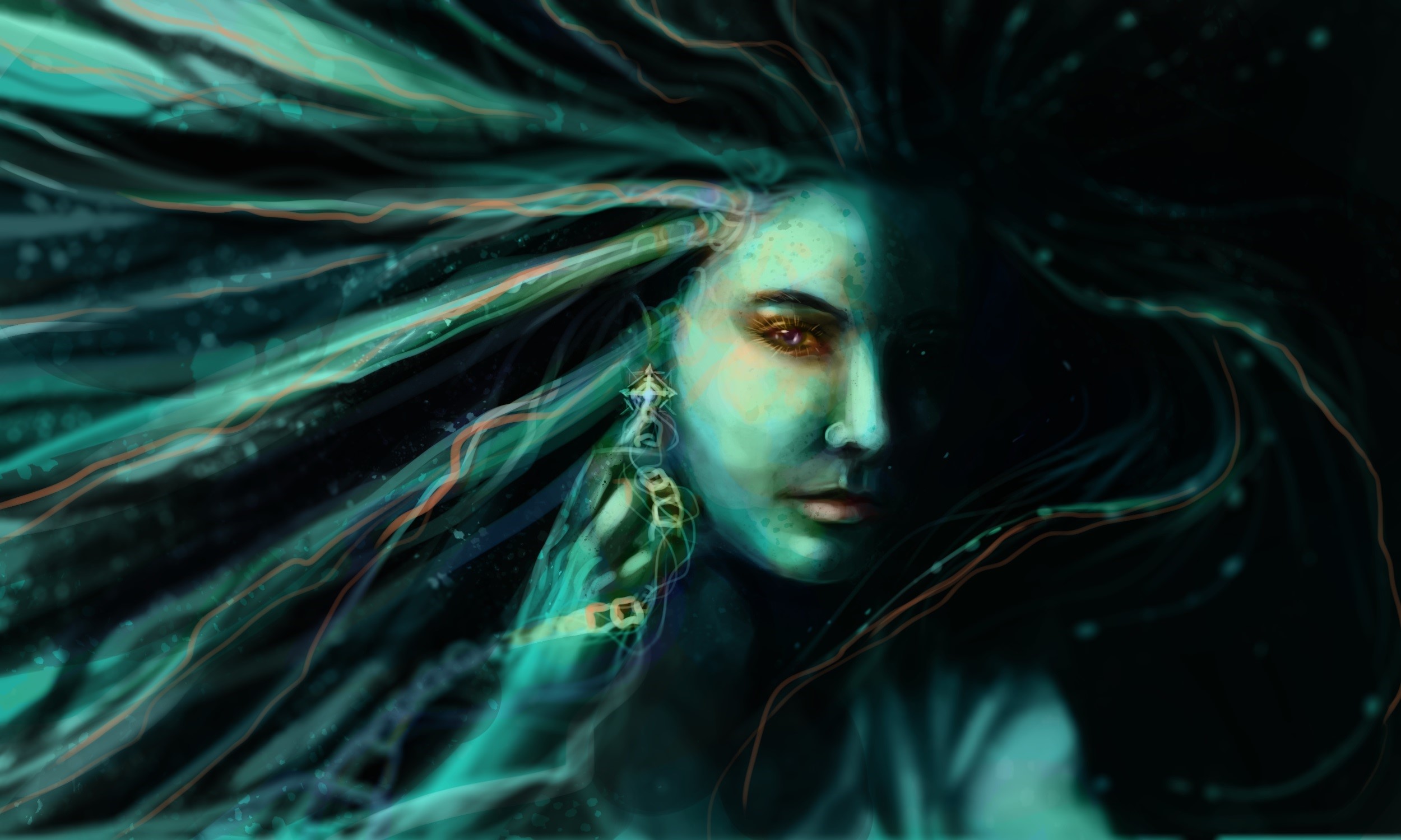 Woman with flowing hair and earrings HD Wallpaper