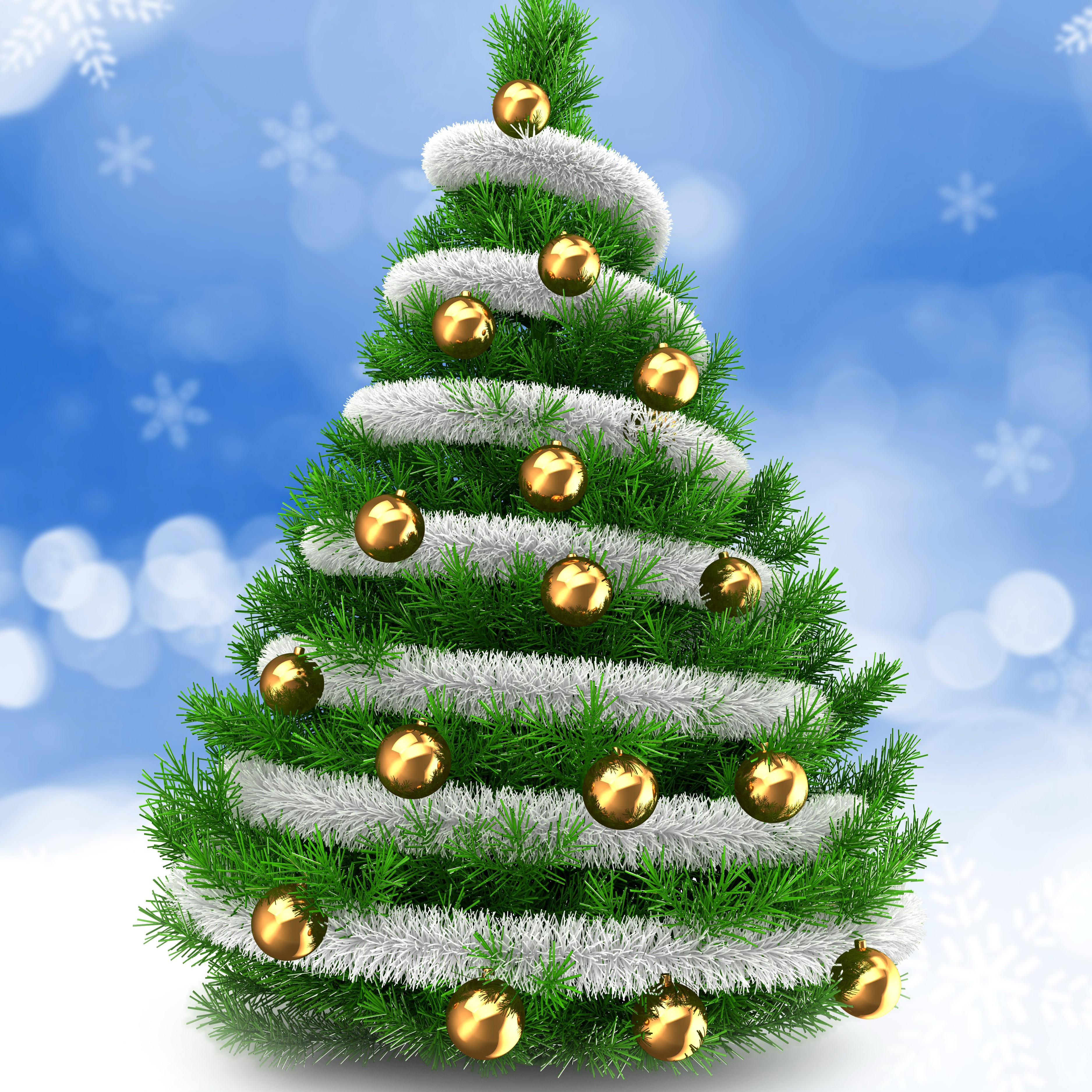 Christmas tree with gold ornaments and tinsel HD Wallpaper