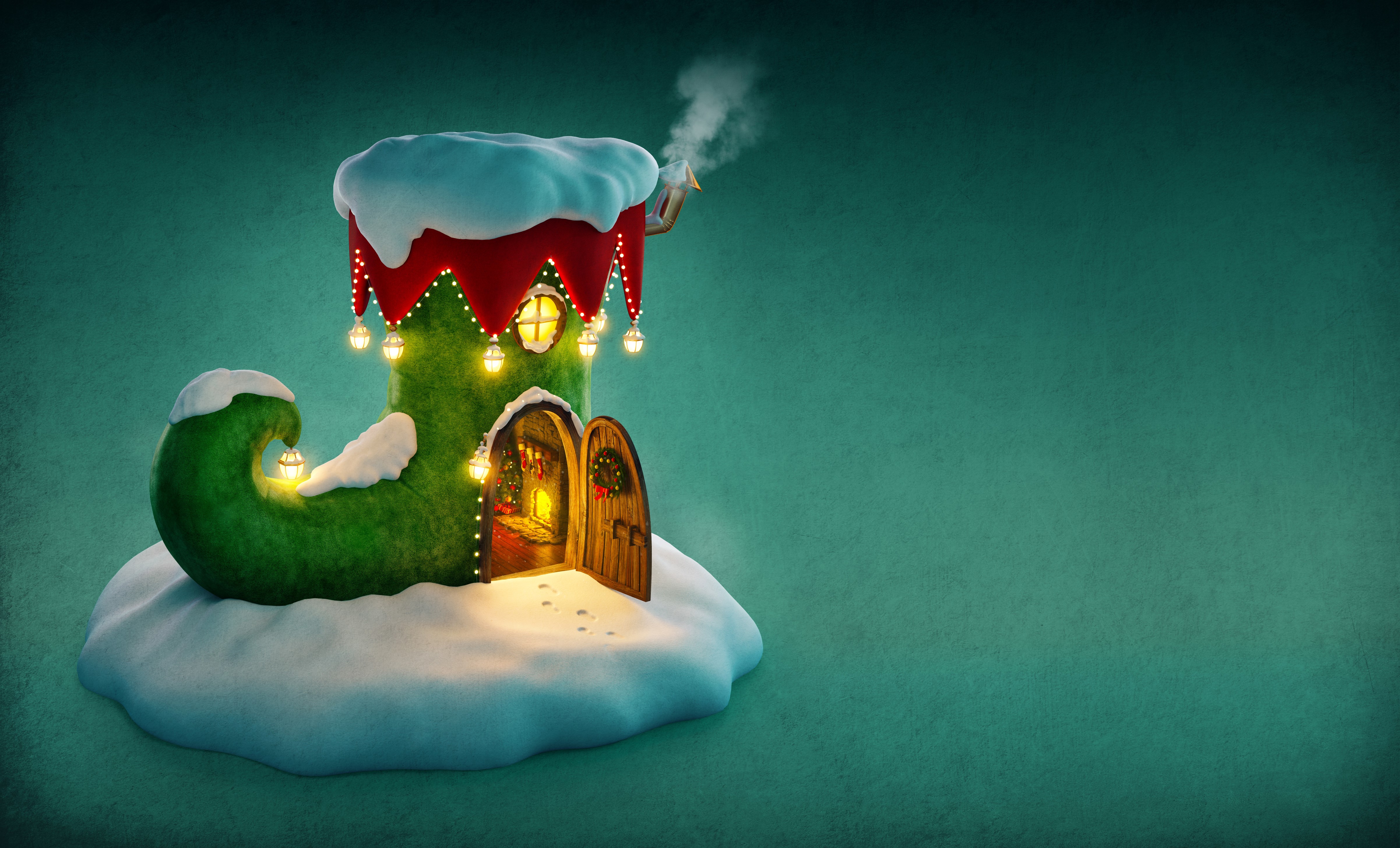 Christmas elf boot house with snow and lights HD Wallpaper