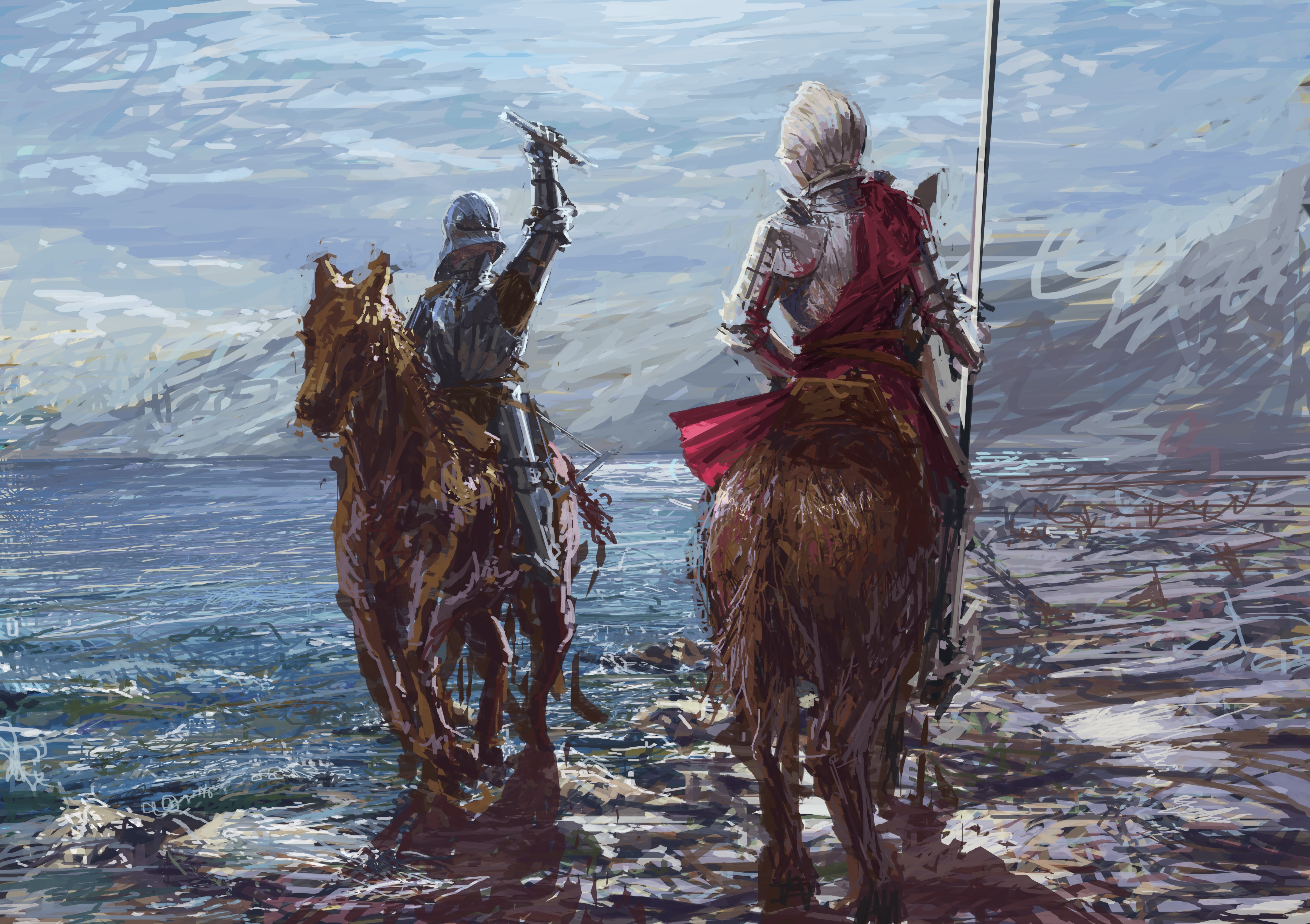 Two Knights in Armor on Horses by the Water HD Wallpaper
