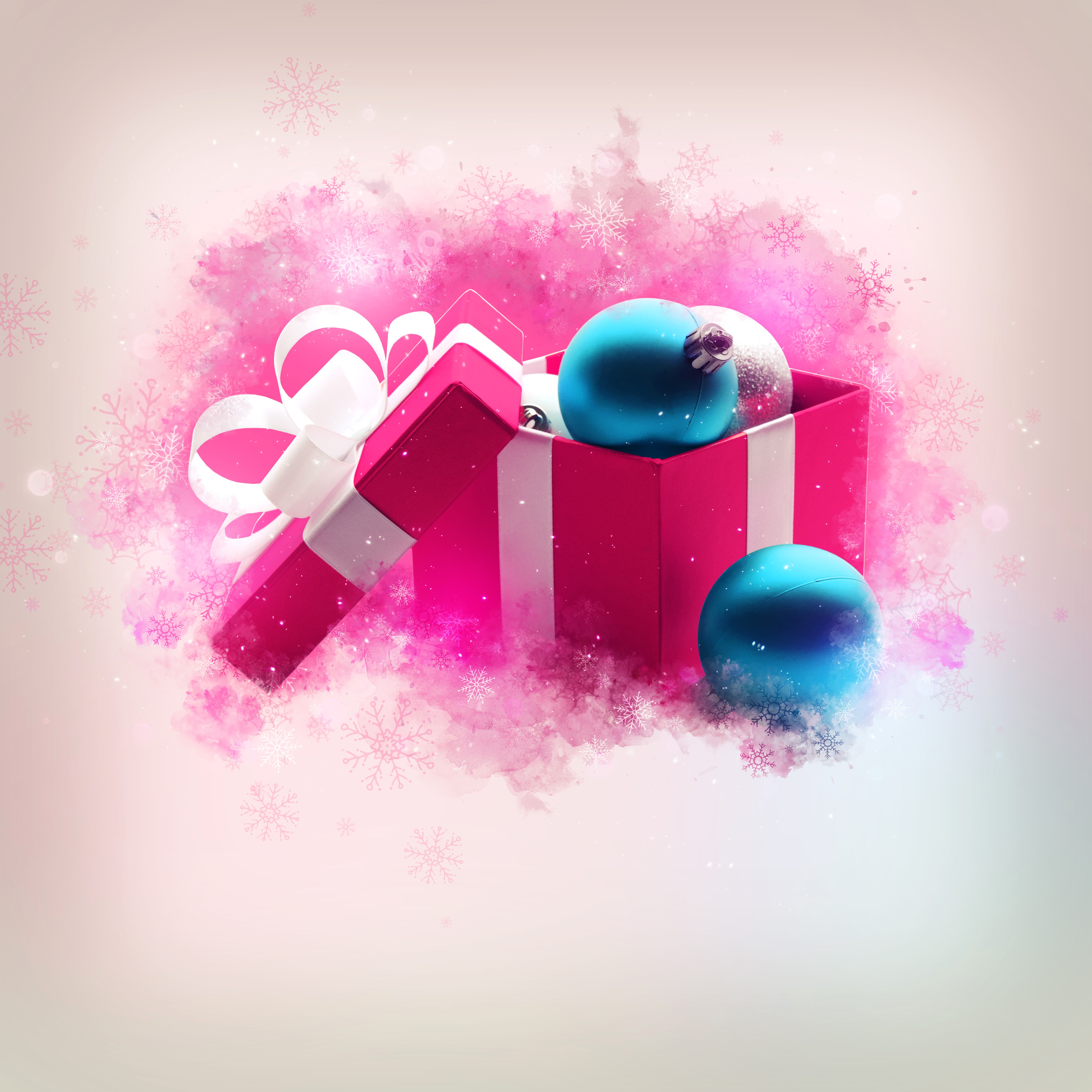 Christmas gift box with ornaments and snowflakes HD Wallpaper