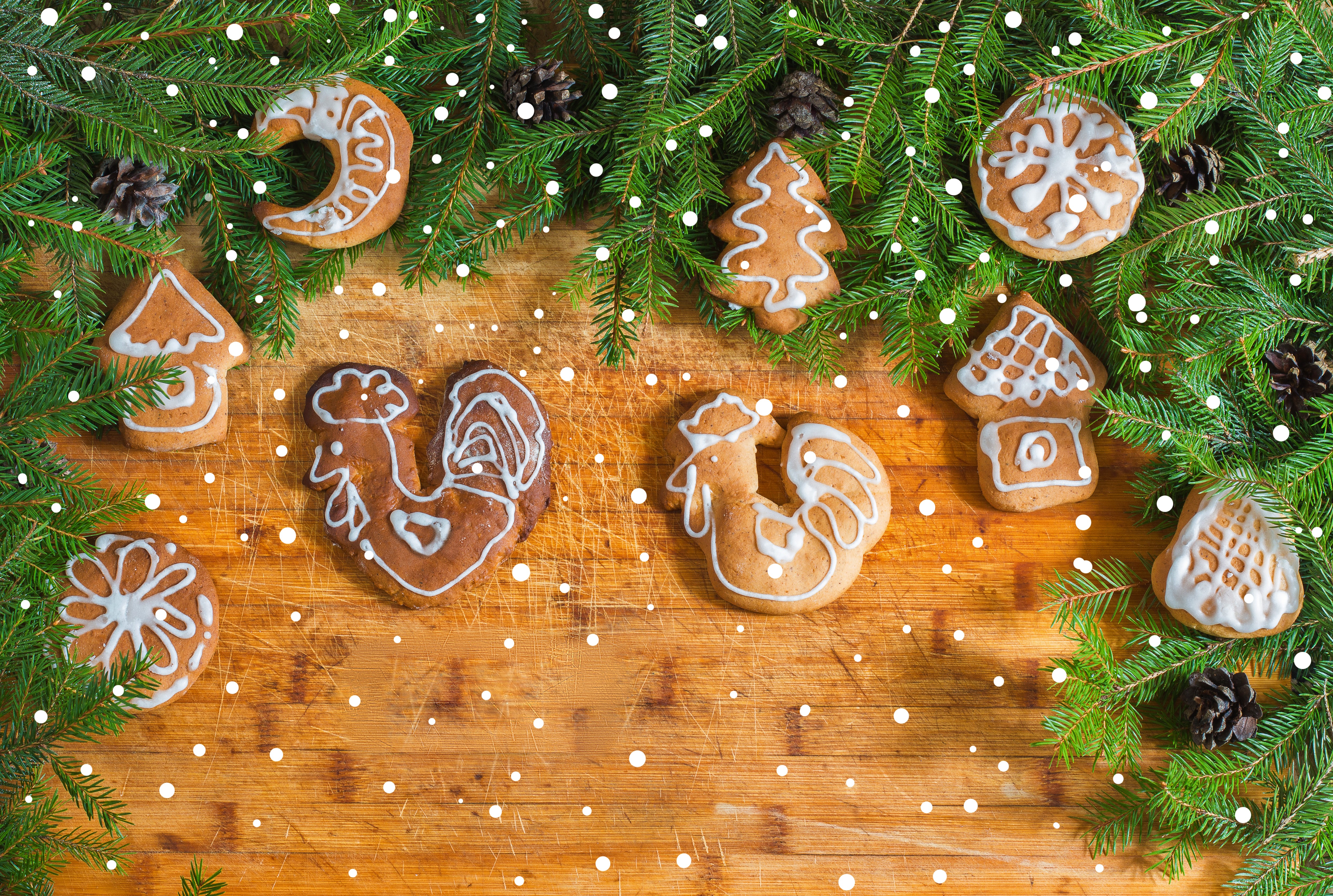 Christmas gingerbread cookies with fir branches on wood HD Wallpaper