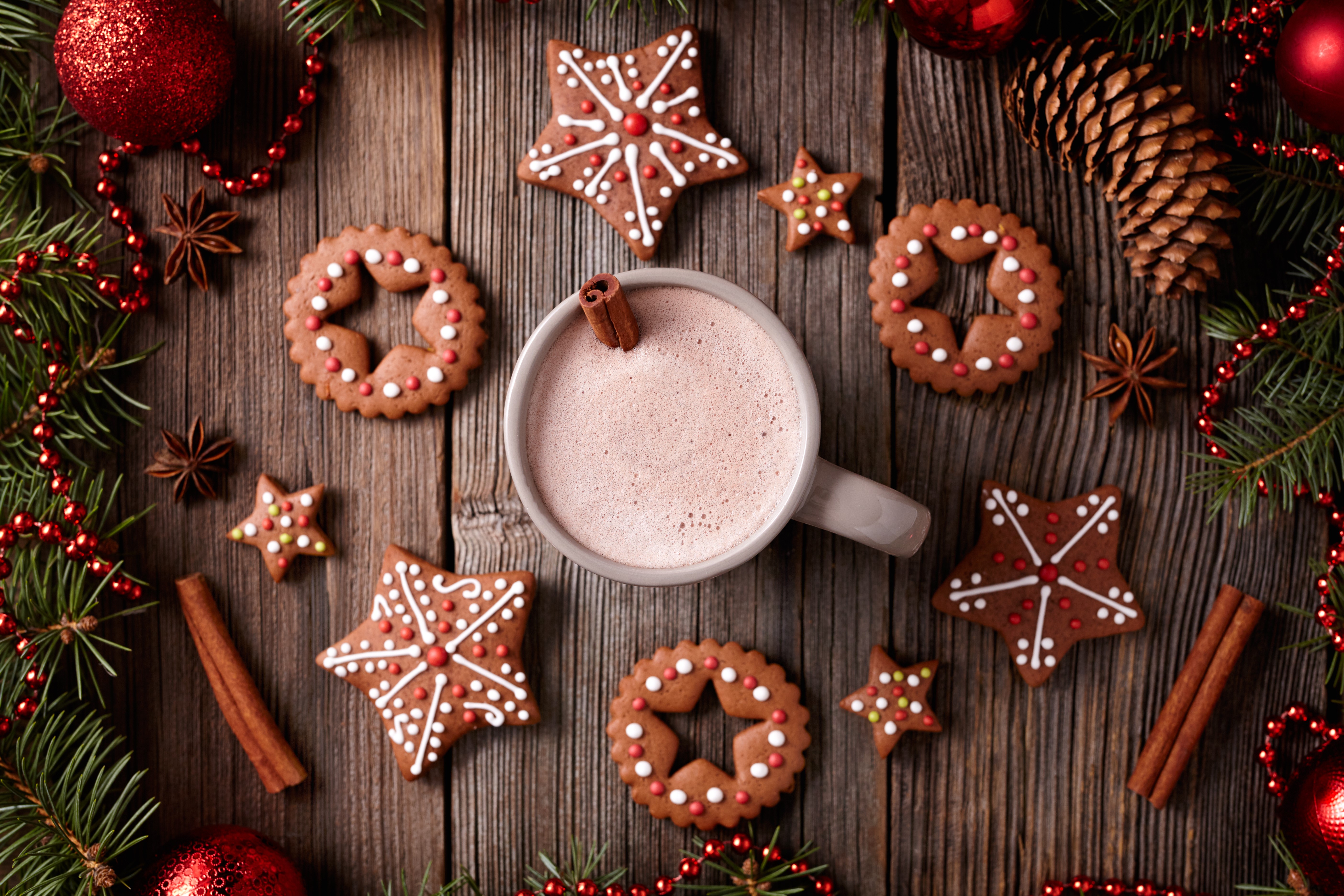 Christmas hot chocolate with gingerbread cookies and decorations HD Wallpaper