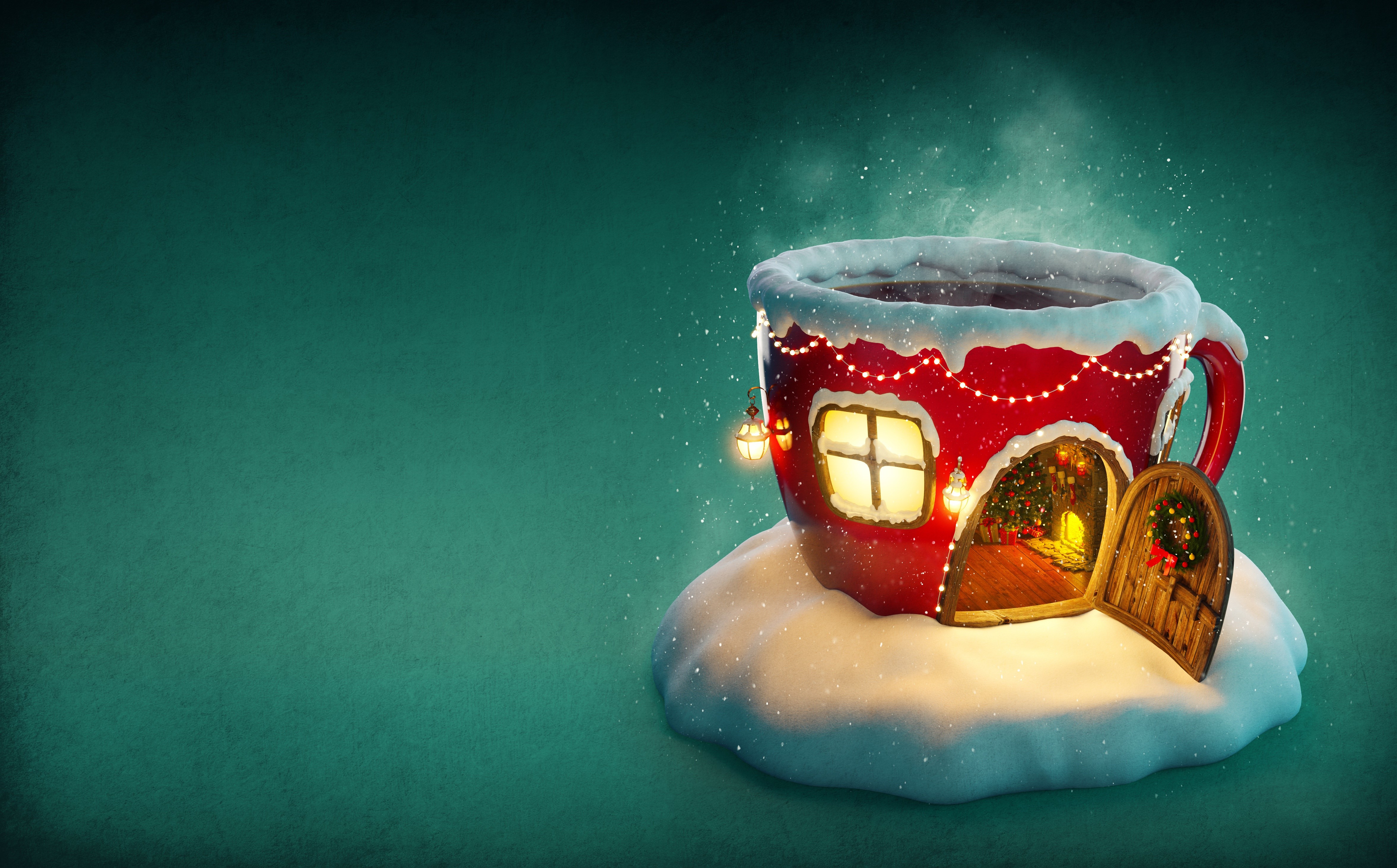 Christmas mug house with snow and lights HD Wallpaper