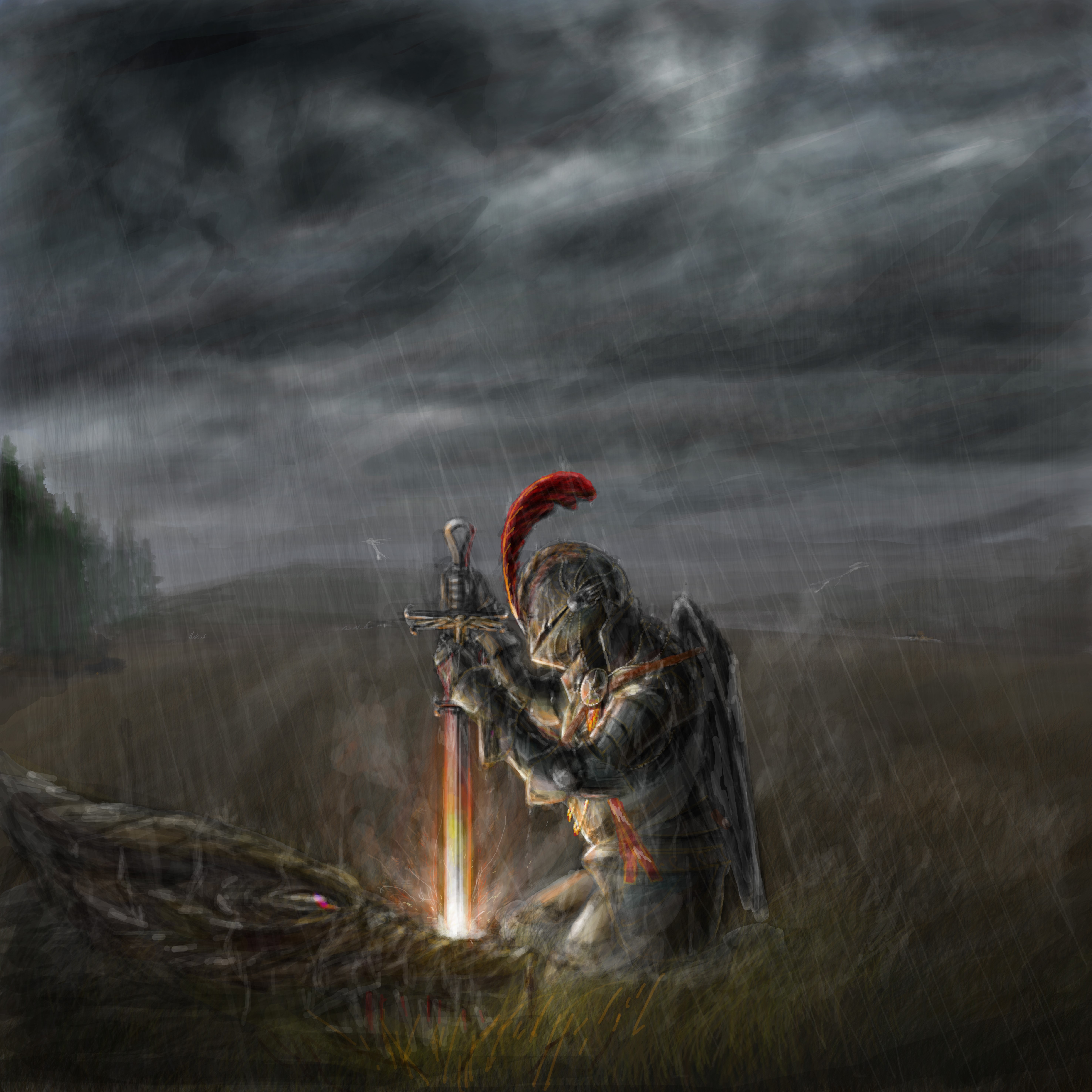 Knight kneeling in rain with glowing sword HD Wallpaper
