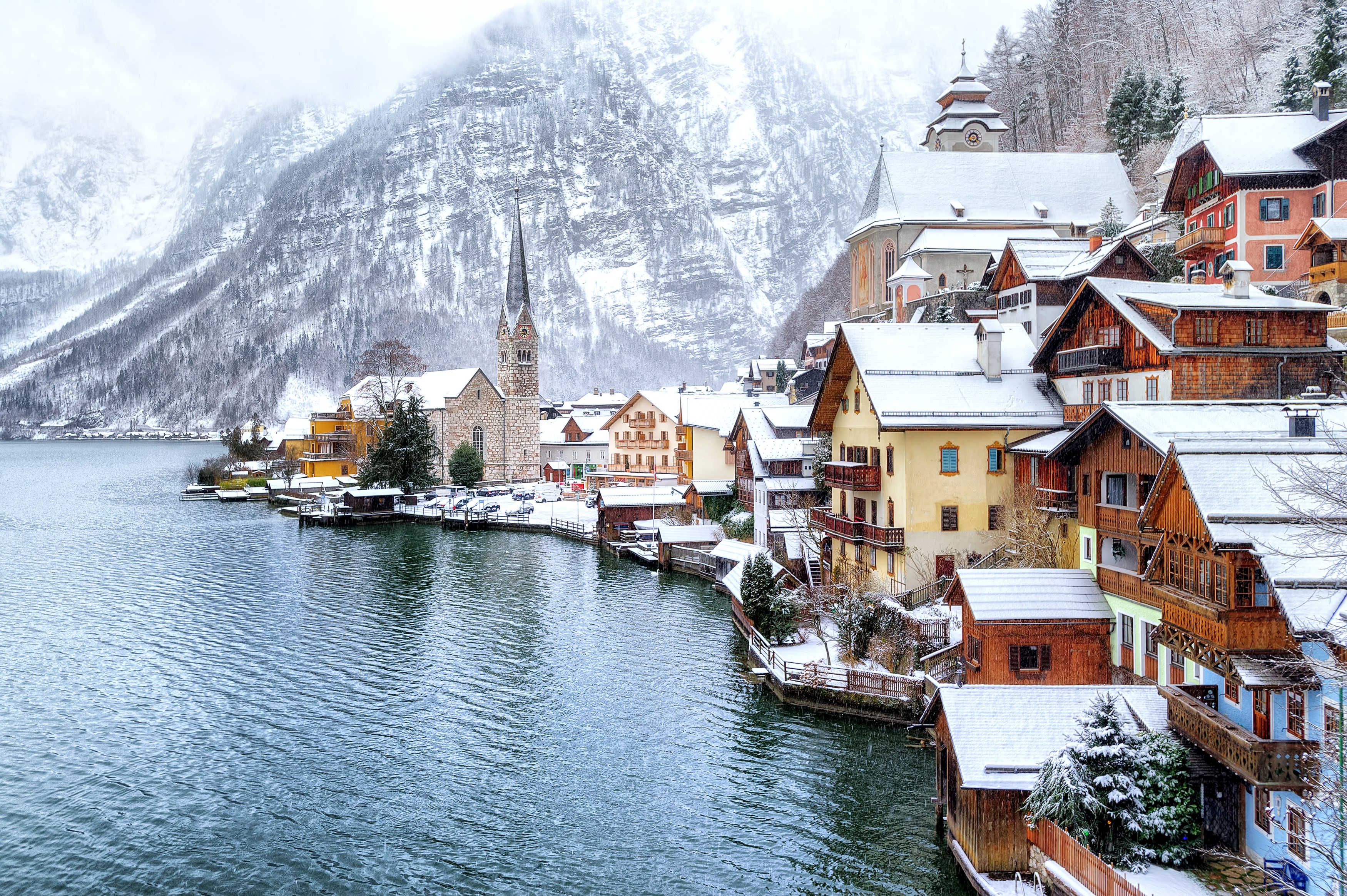 Hallstatt, Austria: Snowy Village on a Lake with Mountains HD Wallpaper