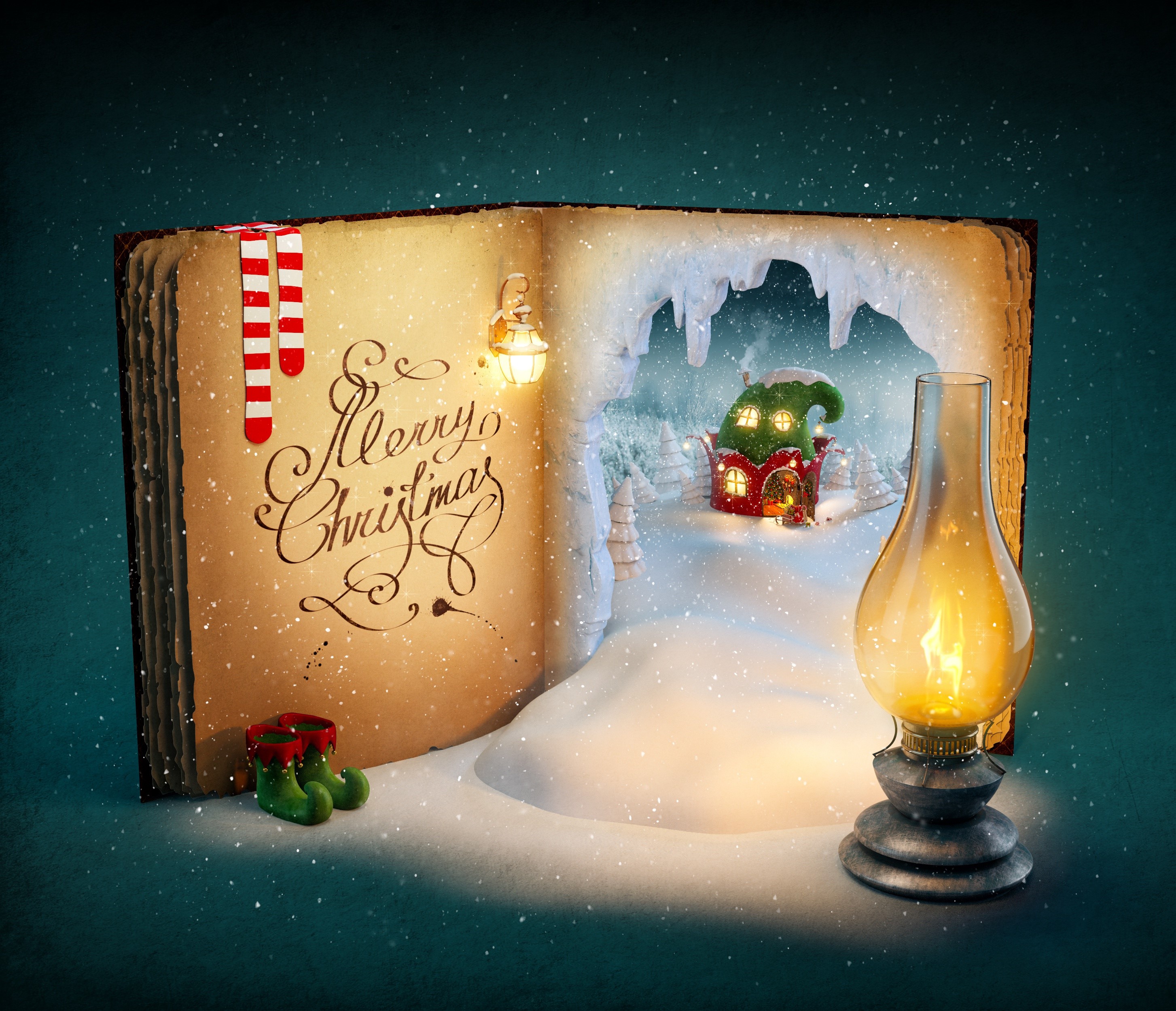 Christmas storybook with elf house and kerosene lamp HD Wallpaper