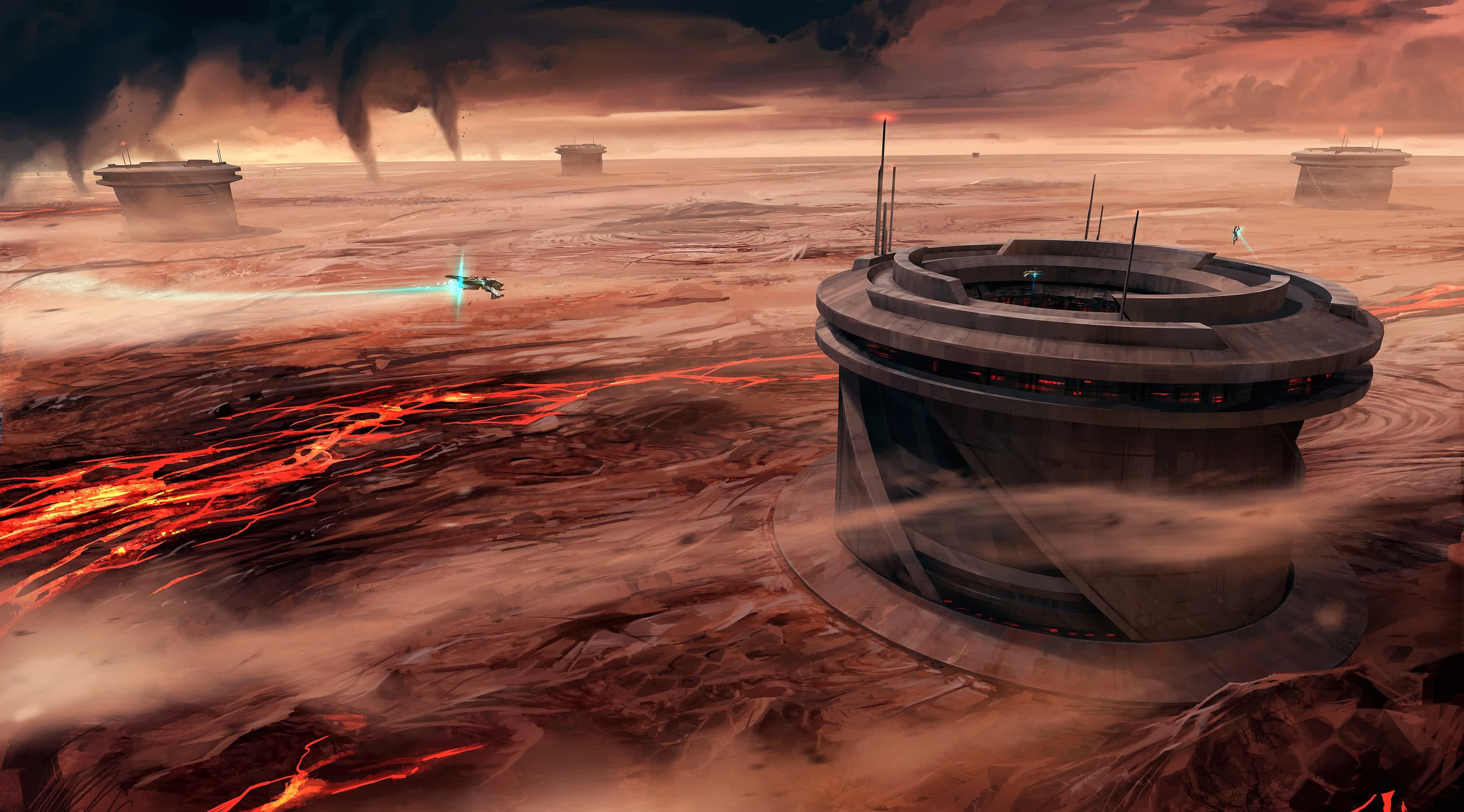 Star Citizen outpost on a volcanic planet HD Wallpaper