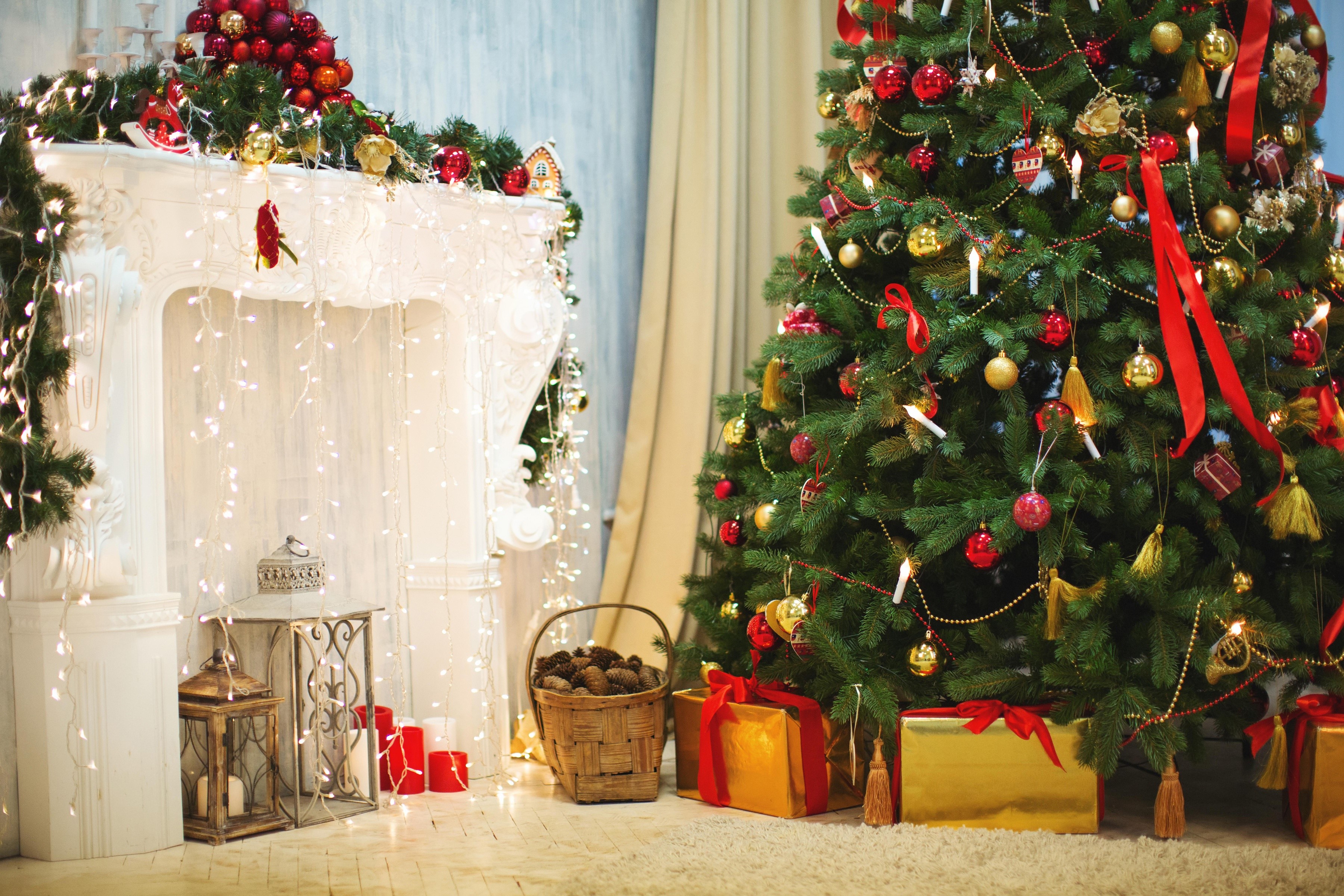 Christmas tree and fireplace with gifts HD Wallpaper