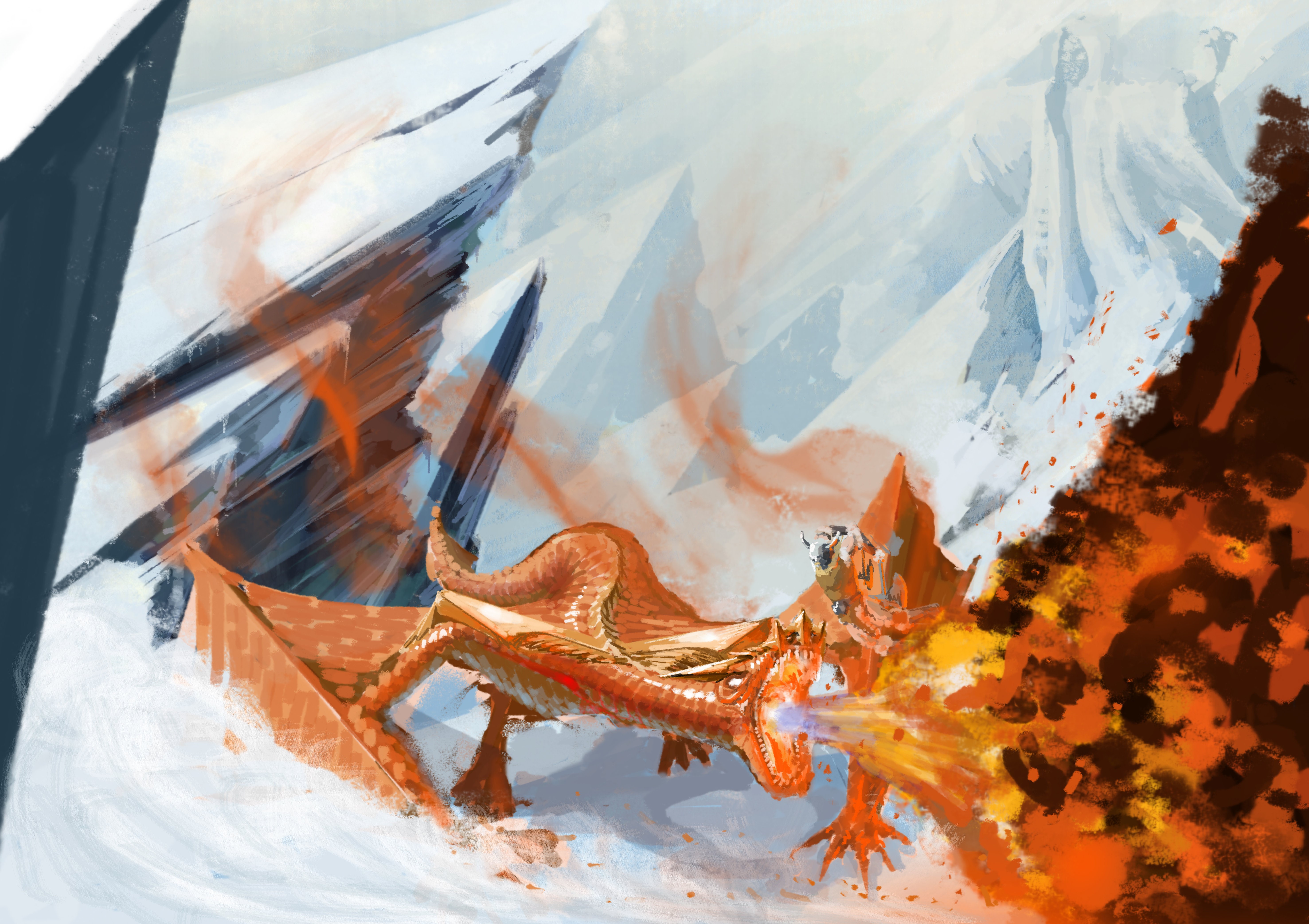 Ginger Dragon Breathing Fire in Snowy Mountains HD Wallpaper