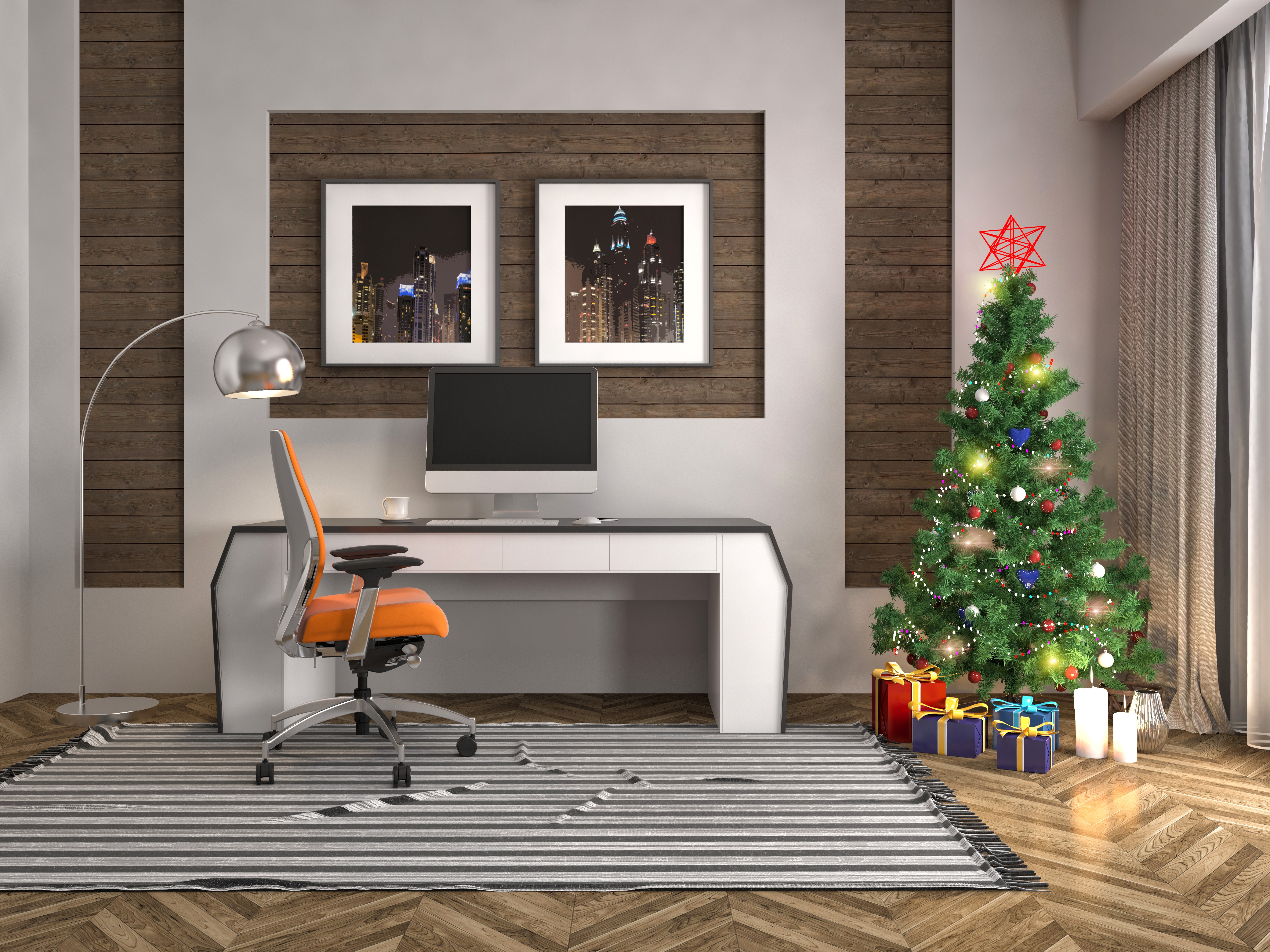Office with Christmas Tree and Gifts HD Wallpaper