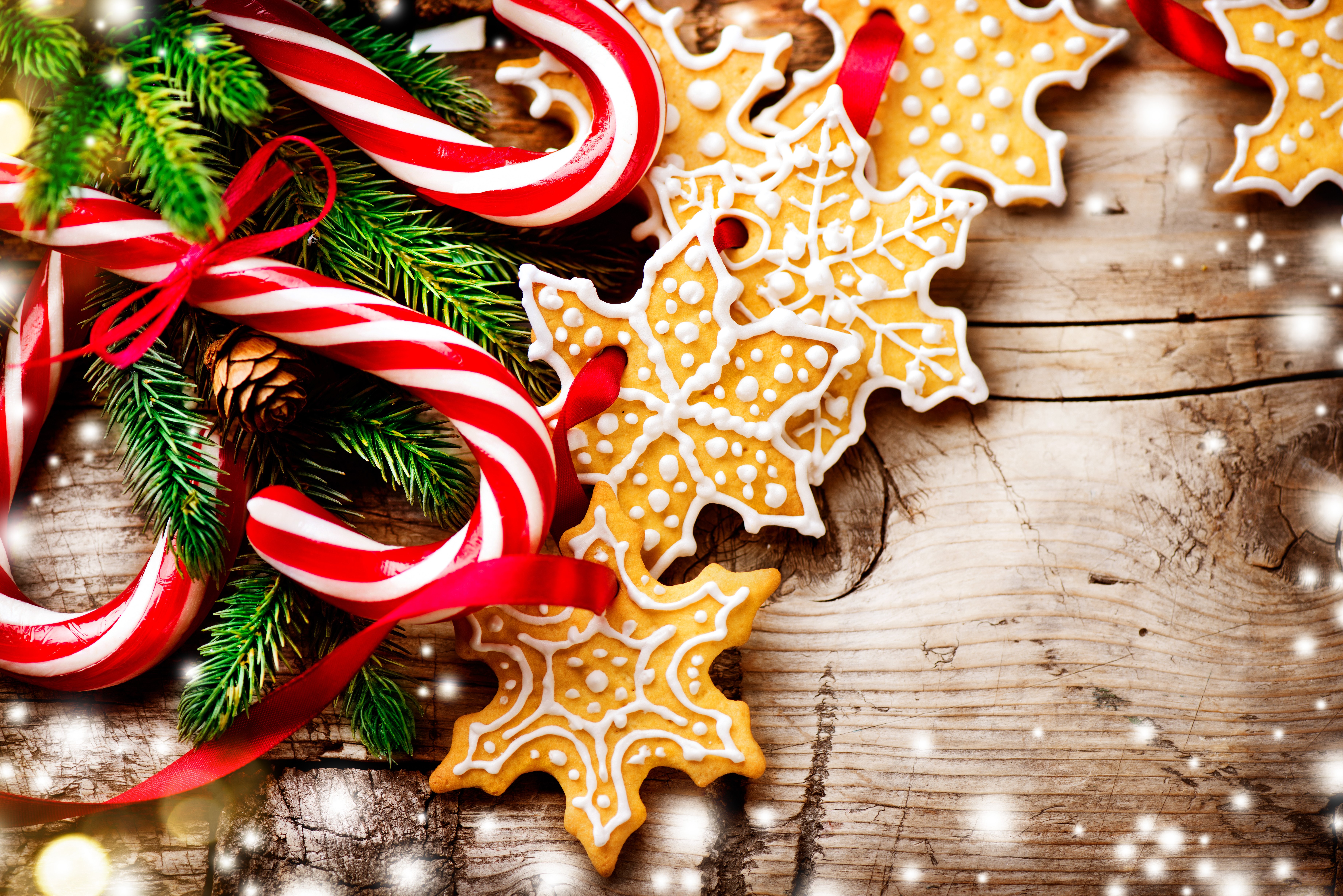 Christmas candy canes, snowflake cookies, and pine branches HD Wallpaper