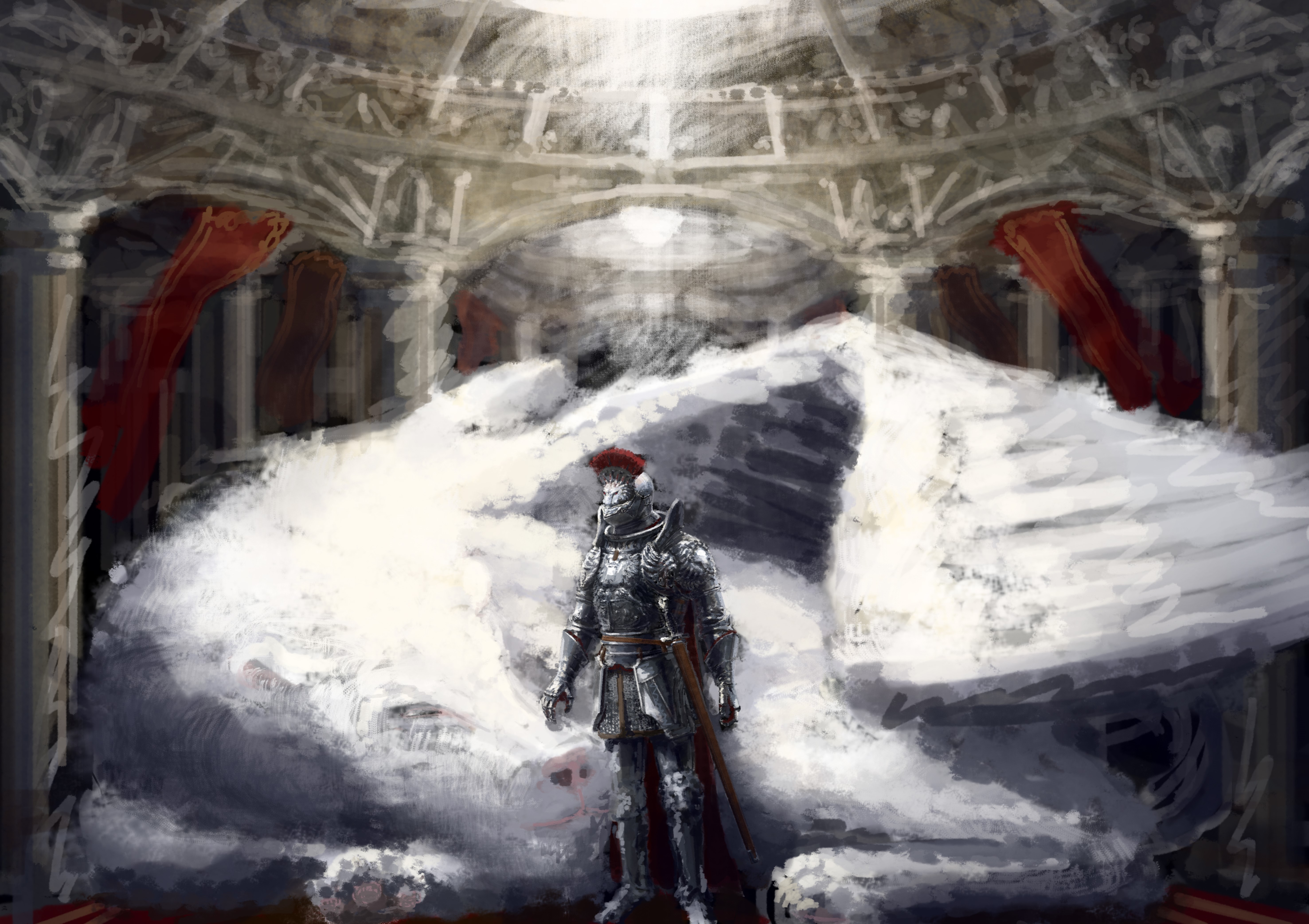 Knight standing before a large white dragon in a grand hall HD Wallpaper
