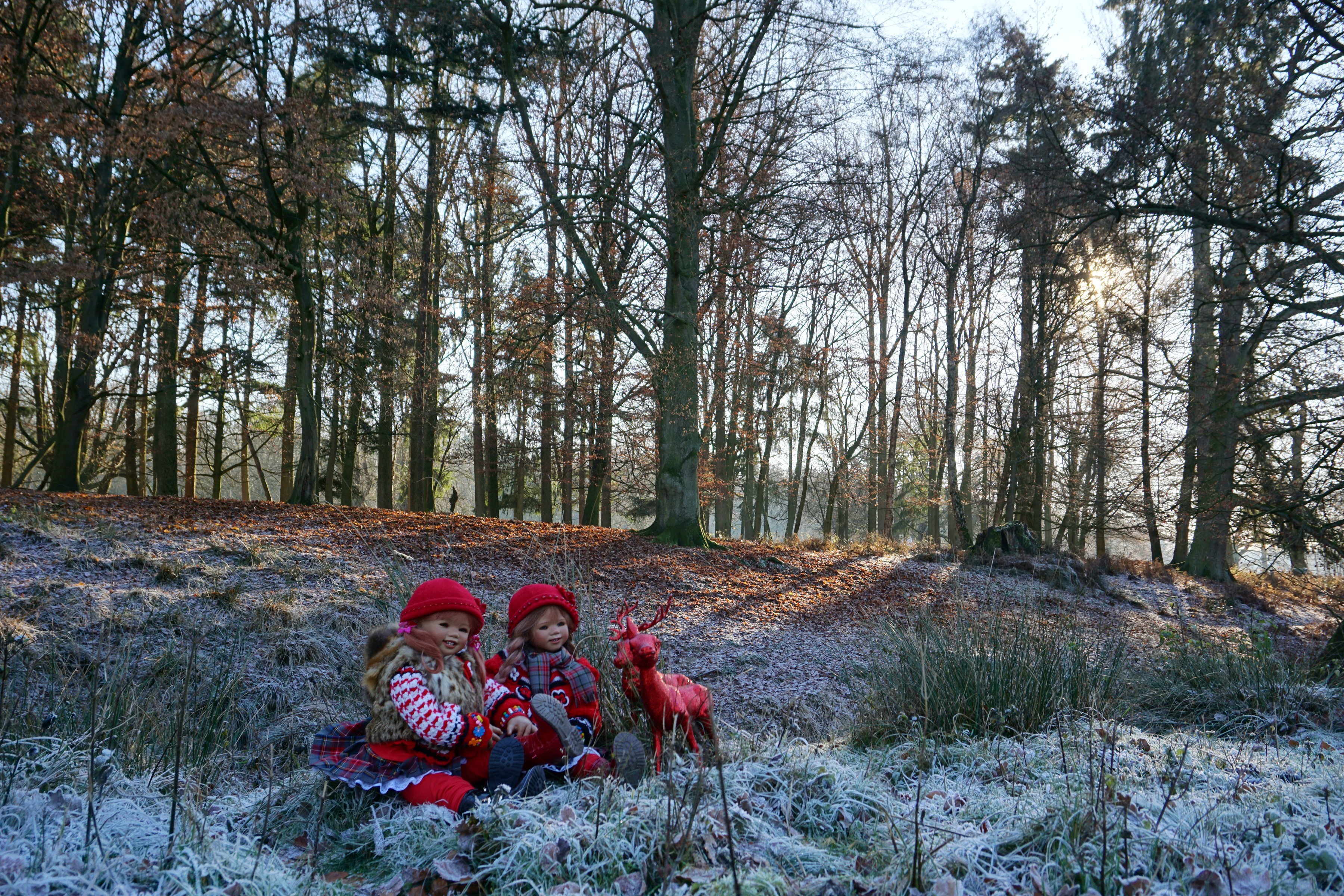 Two dolls and a deer in a frosty park HD Wallpaper