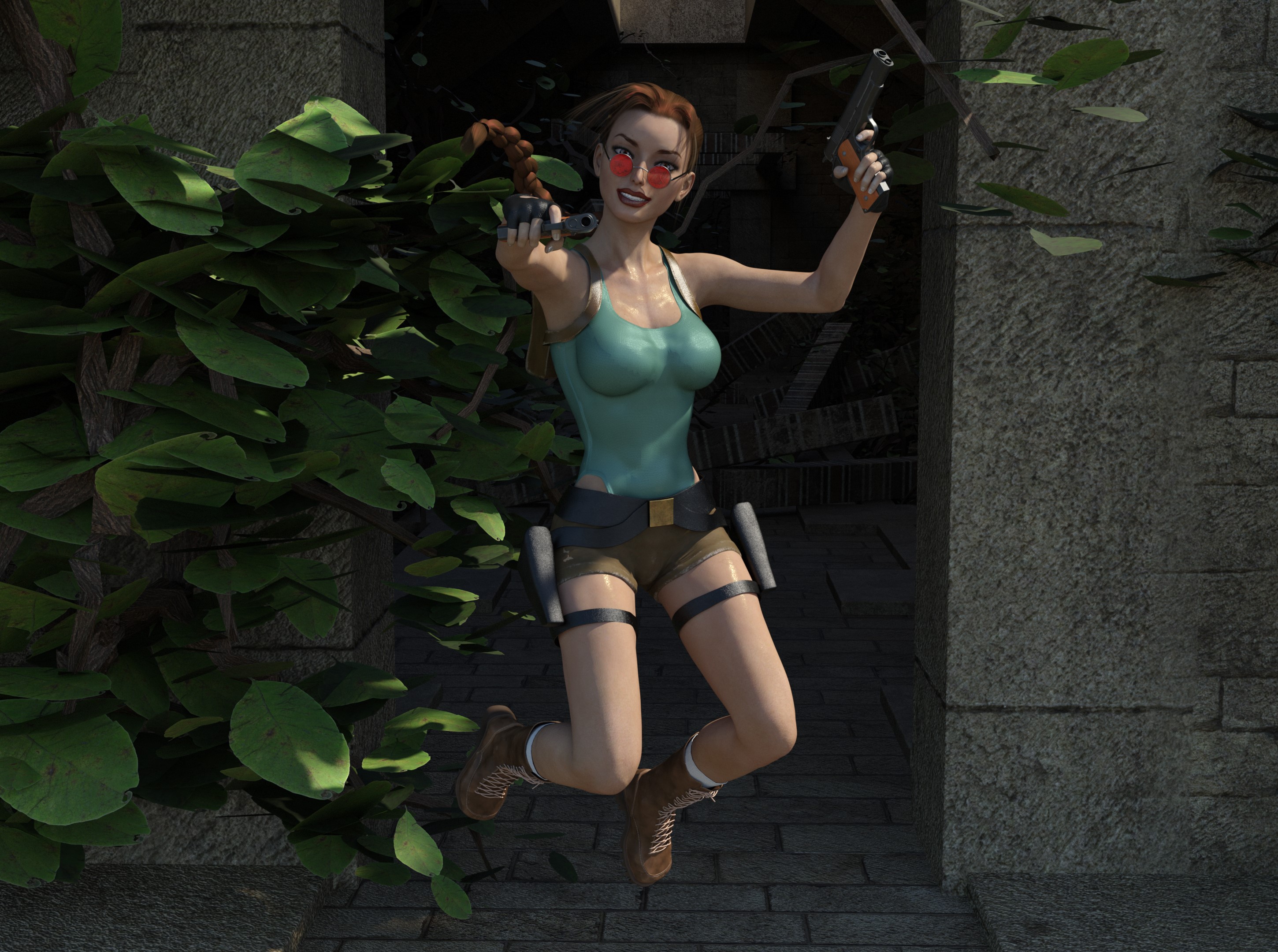 Lara Croft from Tomb Raider jumping with pistols HD Wallpaper