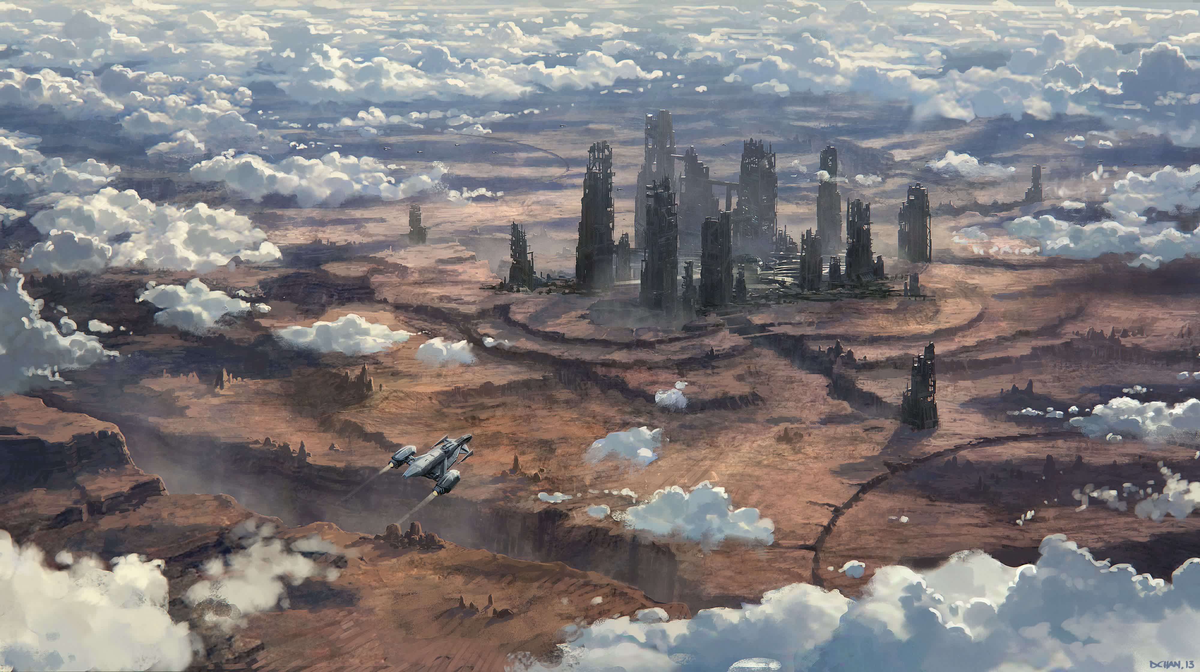 Star Citizen: Futuristic Cityscape with Clouds and Ship HD Wallpaper