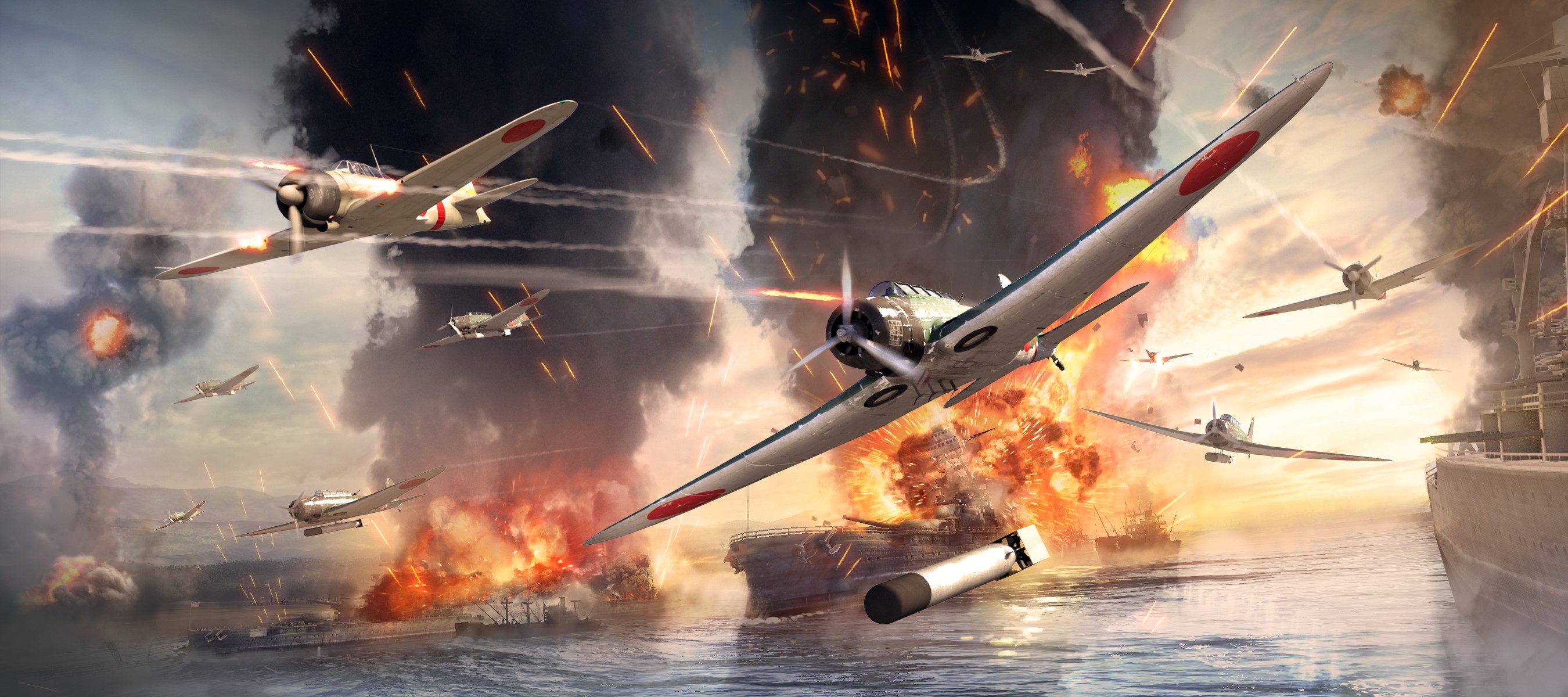 Japanese fighter planes in aerial combat over ships HD Wallpaper