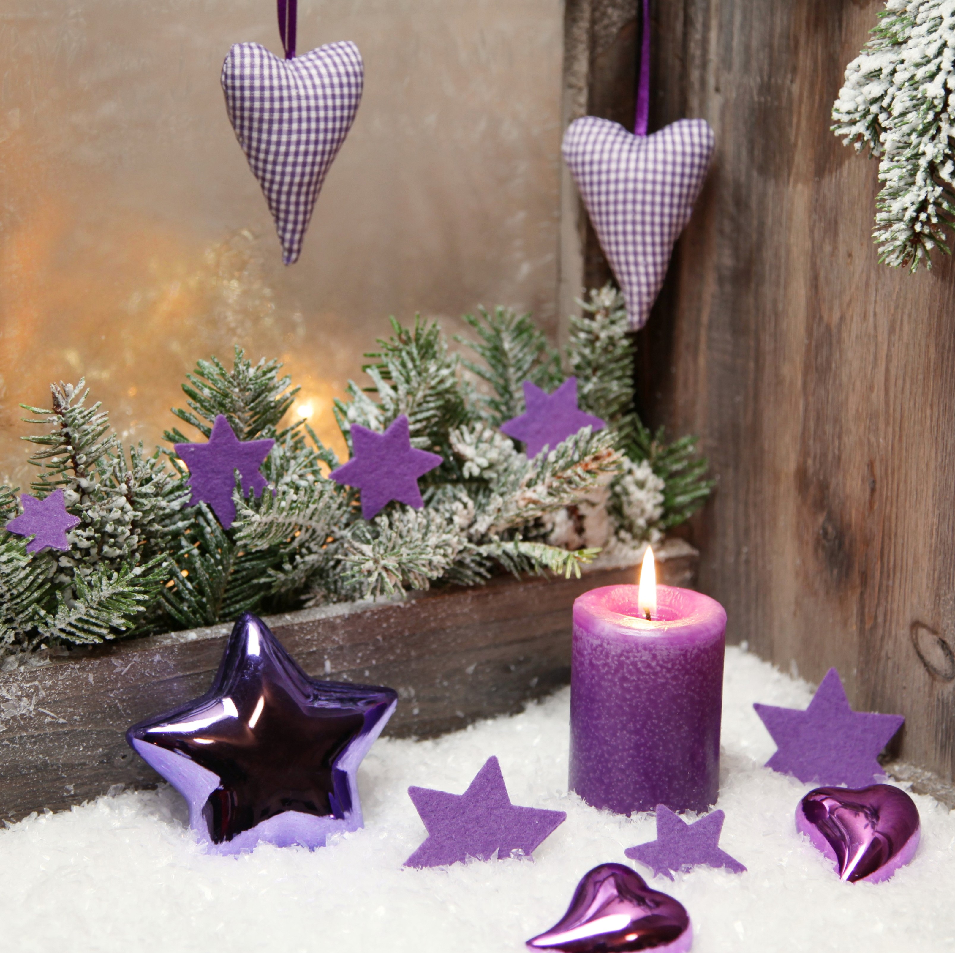 Christmas decoration with candle and stars HD Wallpaper