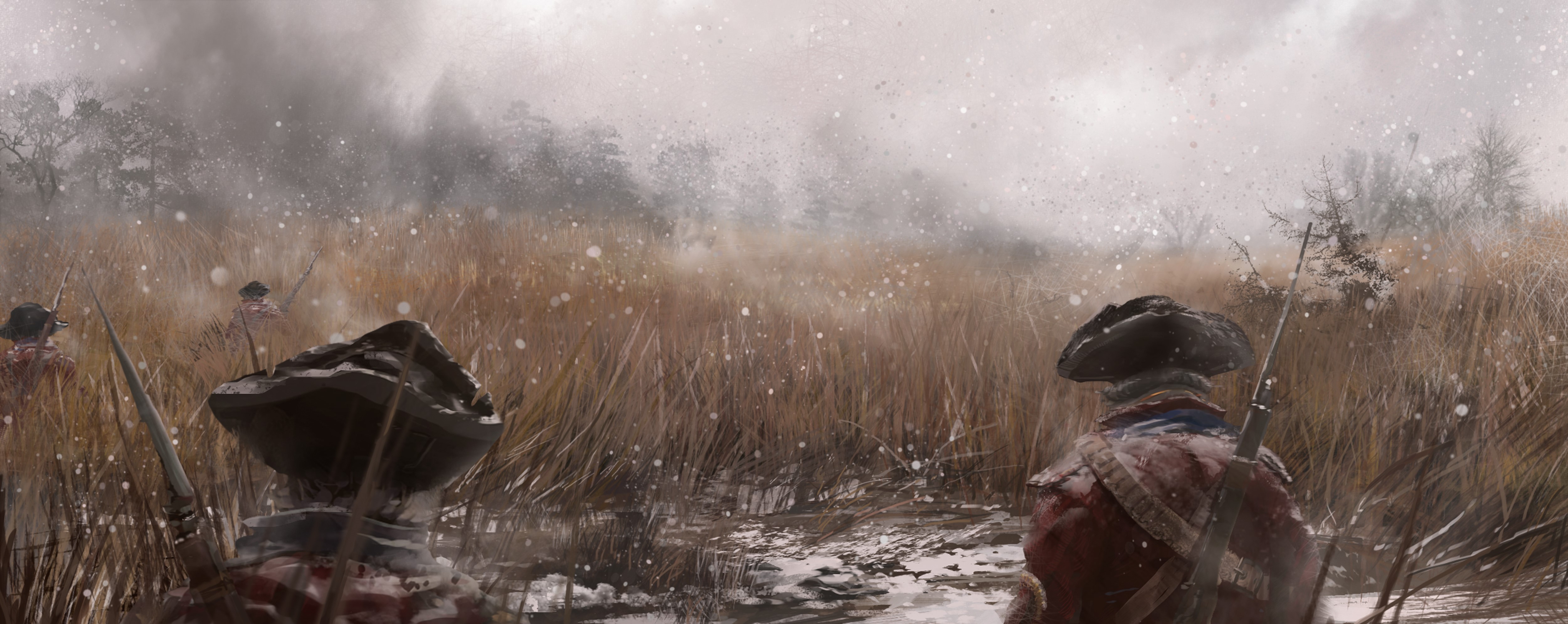 Soldiers in a snowy field, Assassin's Creed 3 HD Wallpaper