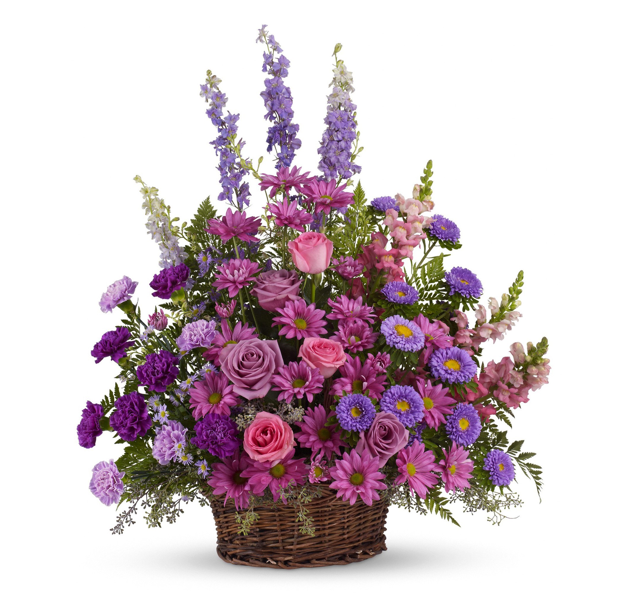 Purple and pink flower arrangement in a wicker basket HD Wallpaper