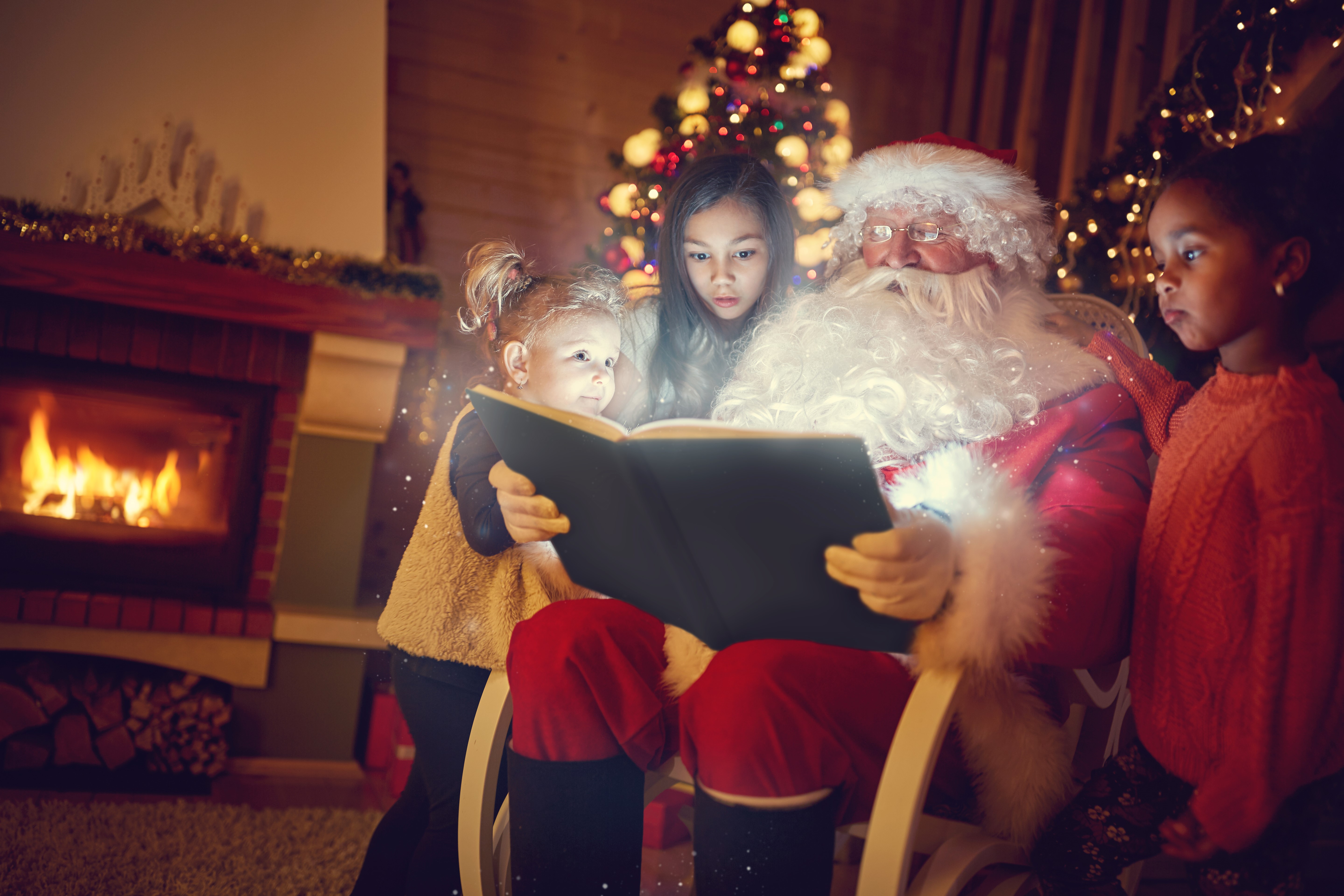 Santa Claus Reading a Book to Three Girls HD Wallpaper