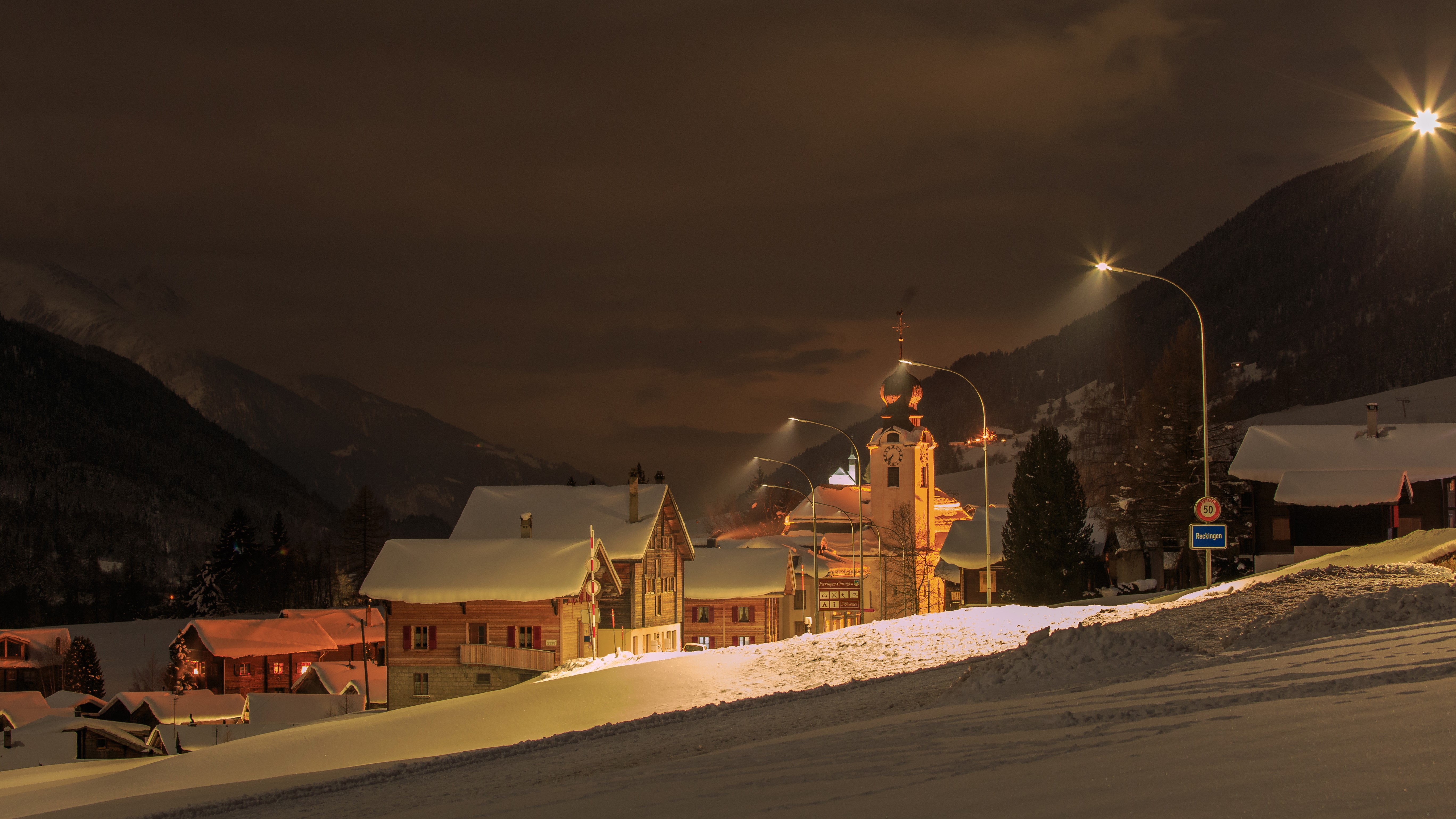 Reckingen Goms, Switzerland Winter Night HD Wallpaper