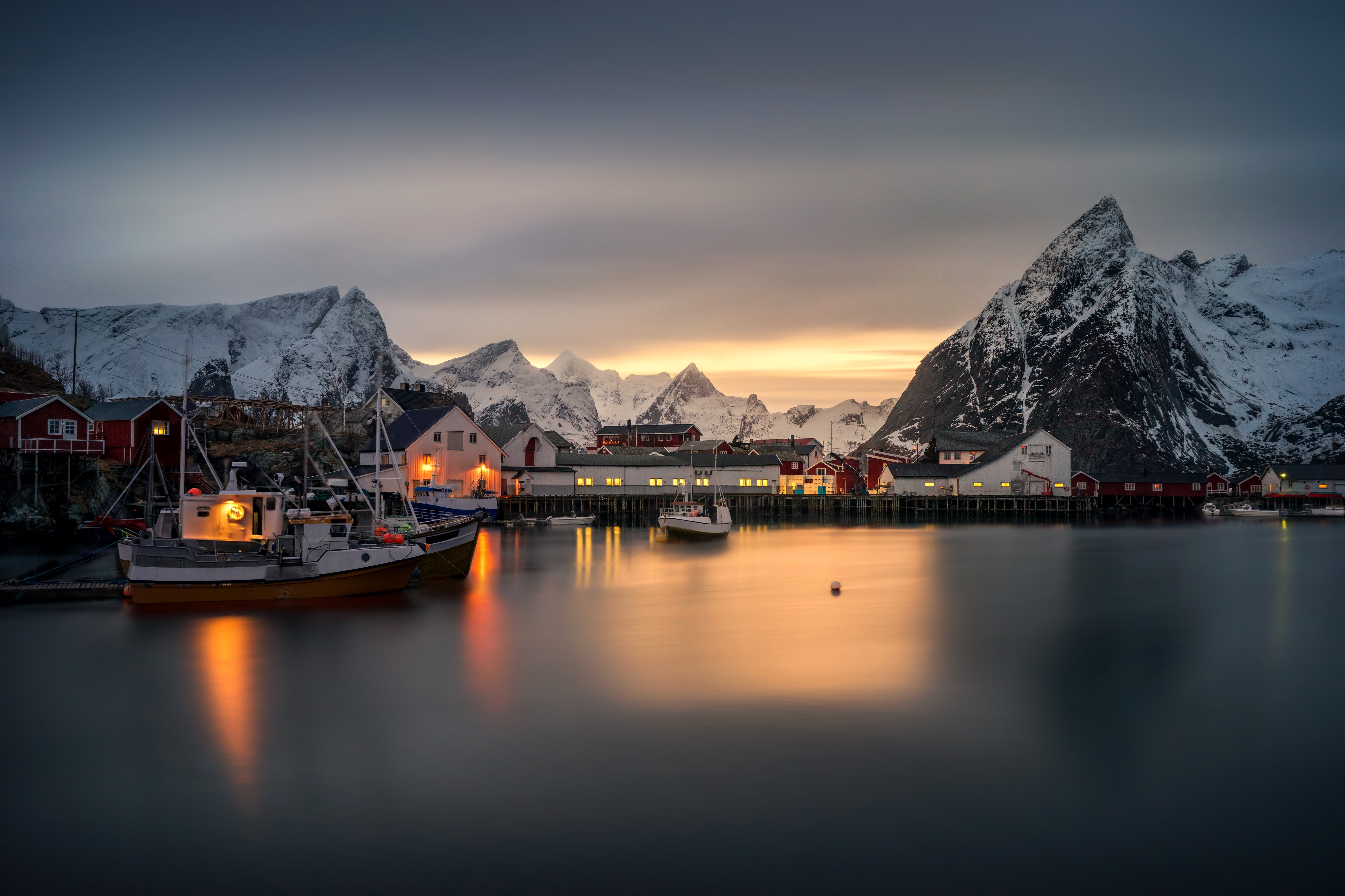 Hamnoy village, Lofoten, Norway, Mountains, Winter, Ships HD Wallpaper