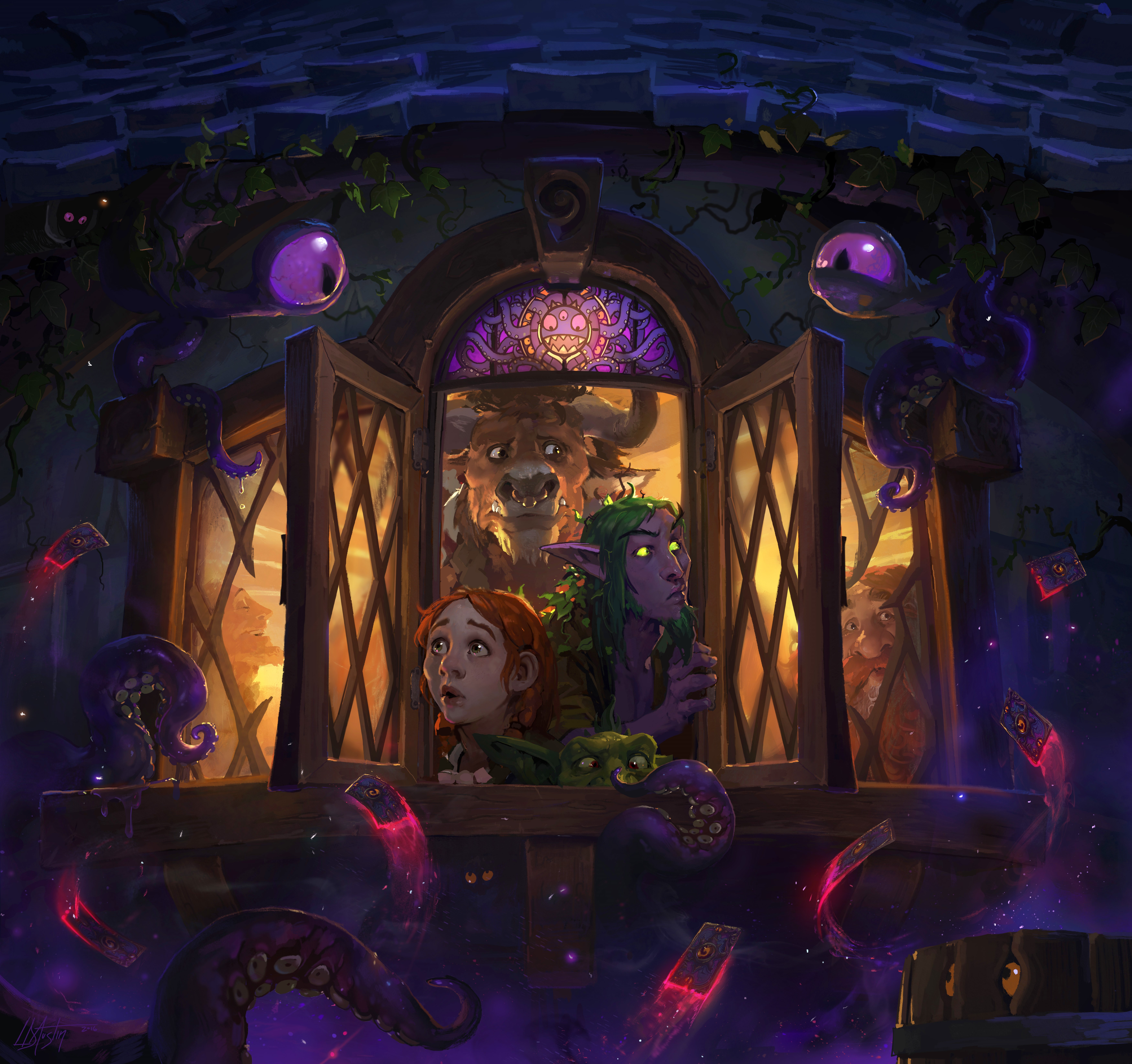 Hearthstone: Heroes of Warcraft characters looking out a window HD Wallpaper
