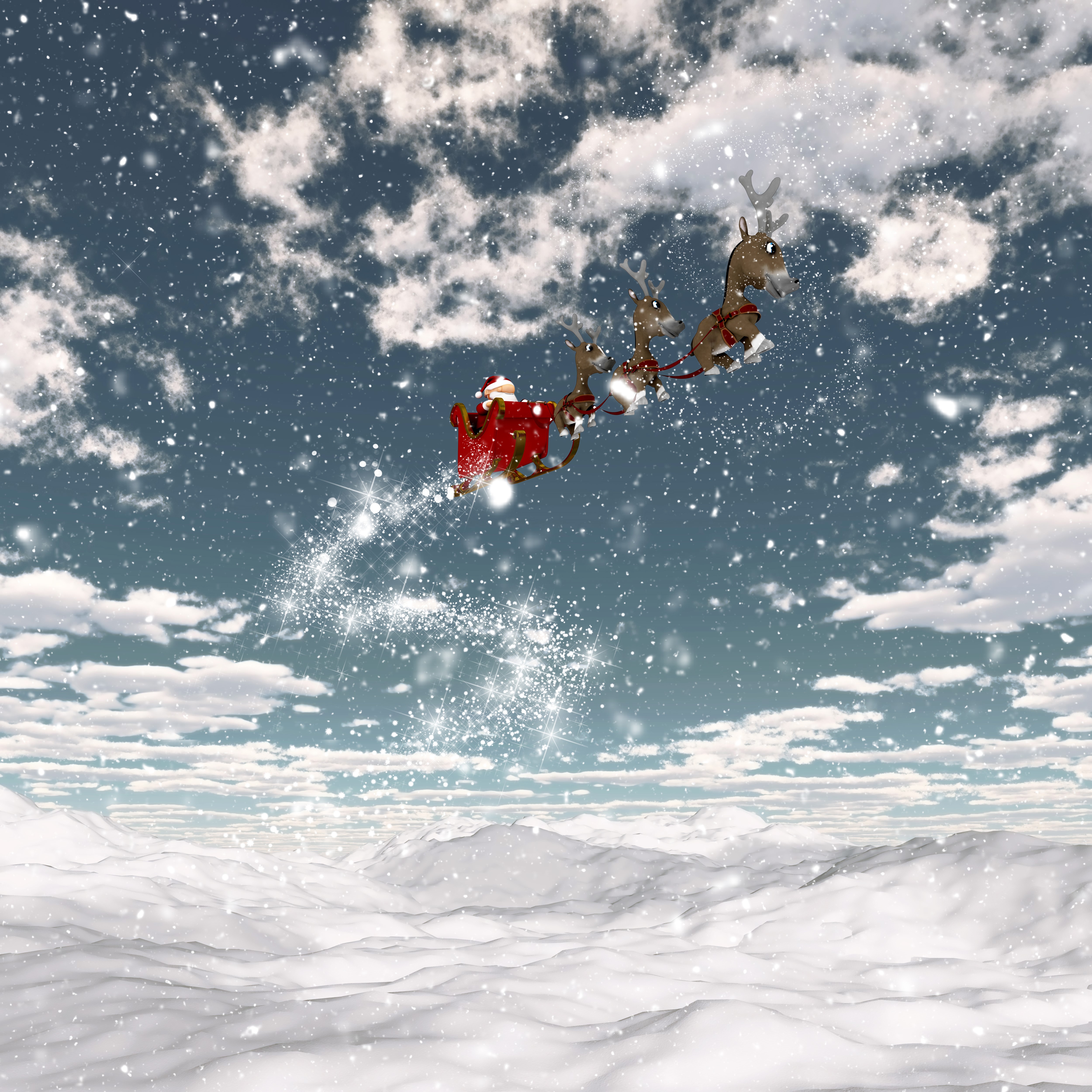Santa Claus flying in his sleigh with reindeer HD Wallpaper