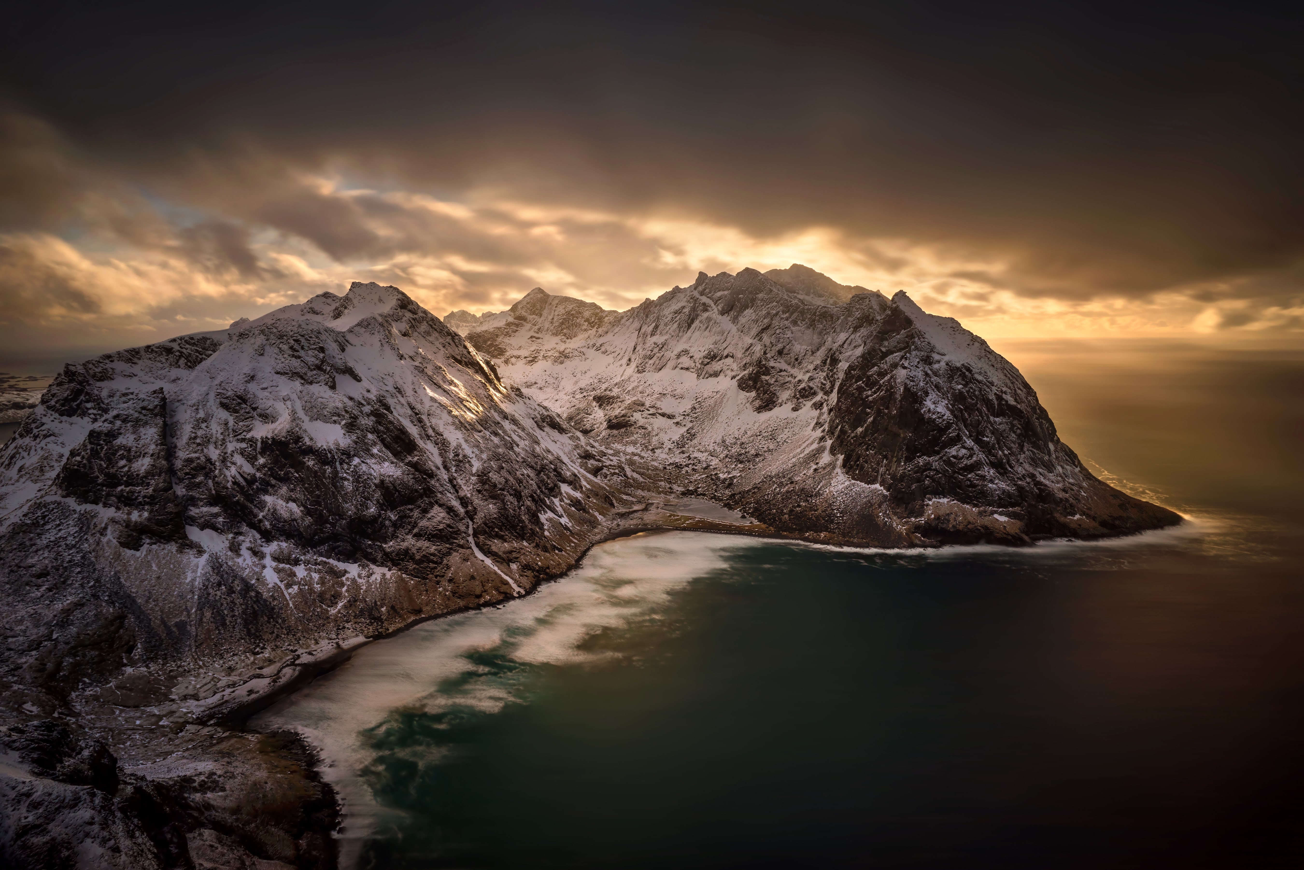 Snowy Lofoten Mountains and Sea at Sunset, Norway HD Wallpaper