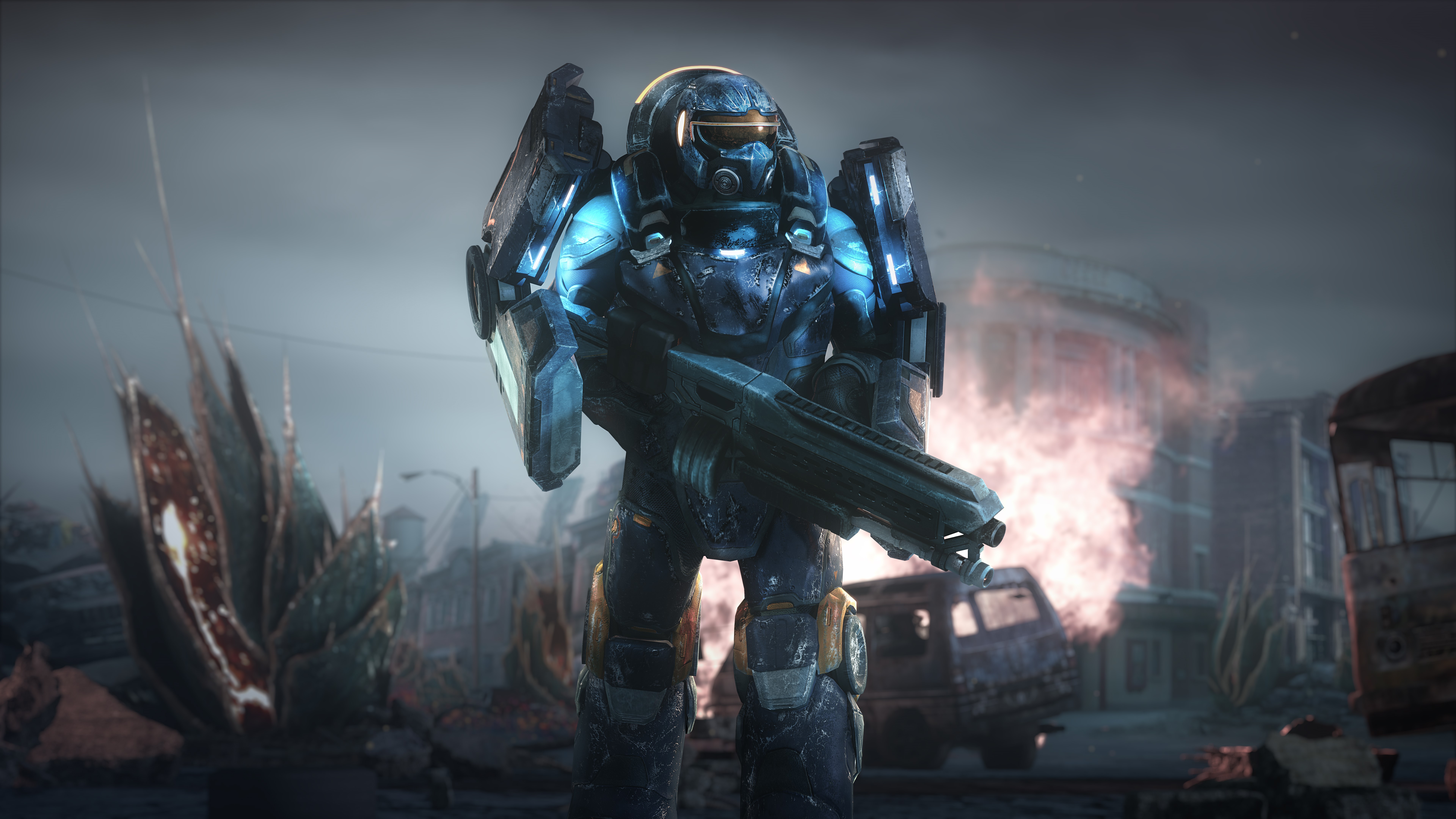 Alienation soldier with rifle in ruined city HD Wallpaper