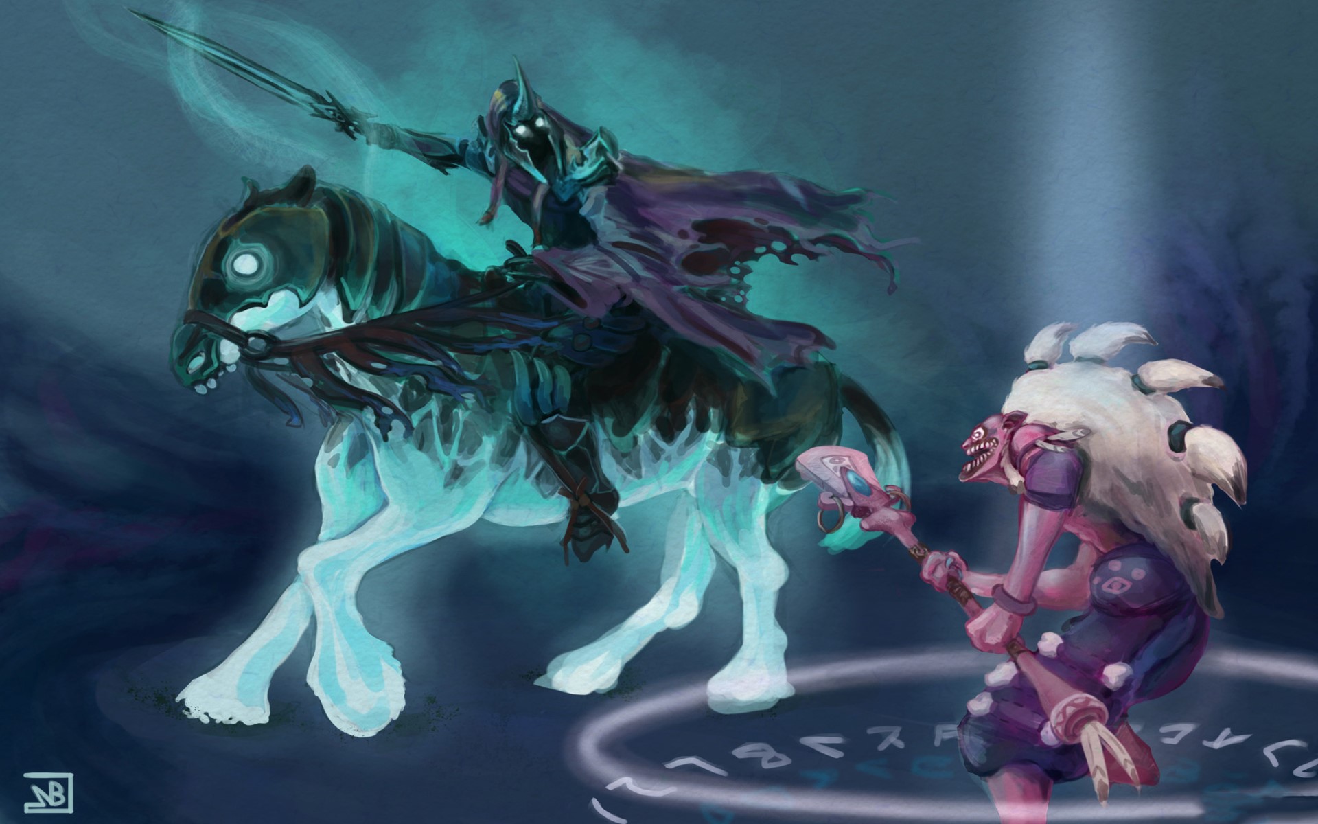Undead warrior on a spectral horse confronts a shaman HD Wallpaper