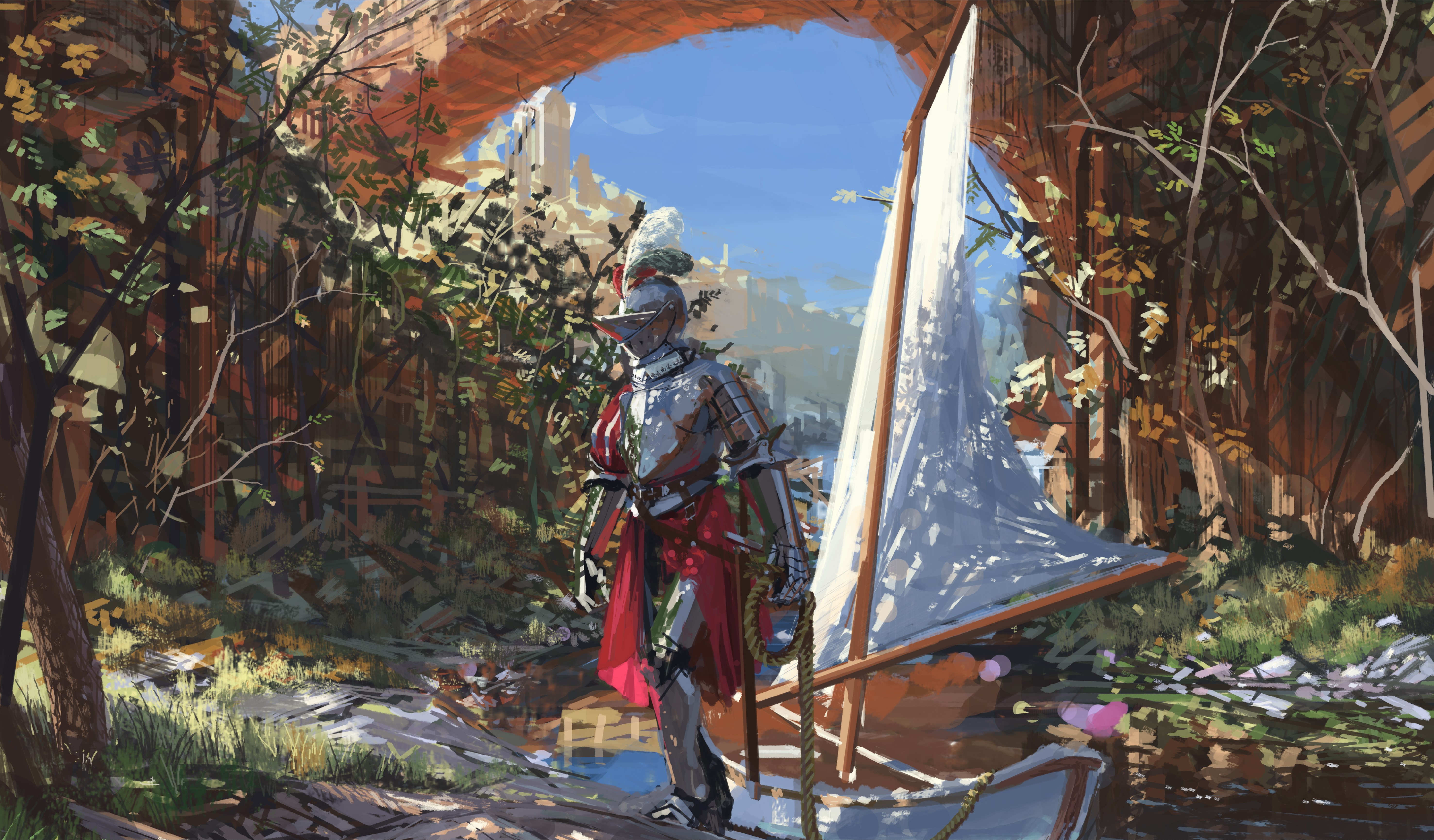 Knight in Armor by a Sailboat under an Archway HD Wallpaper