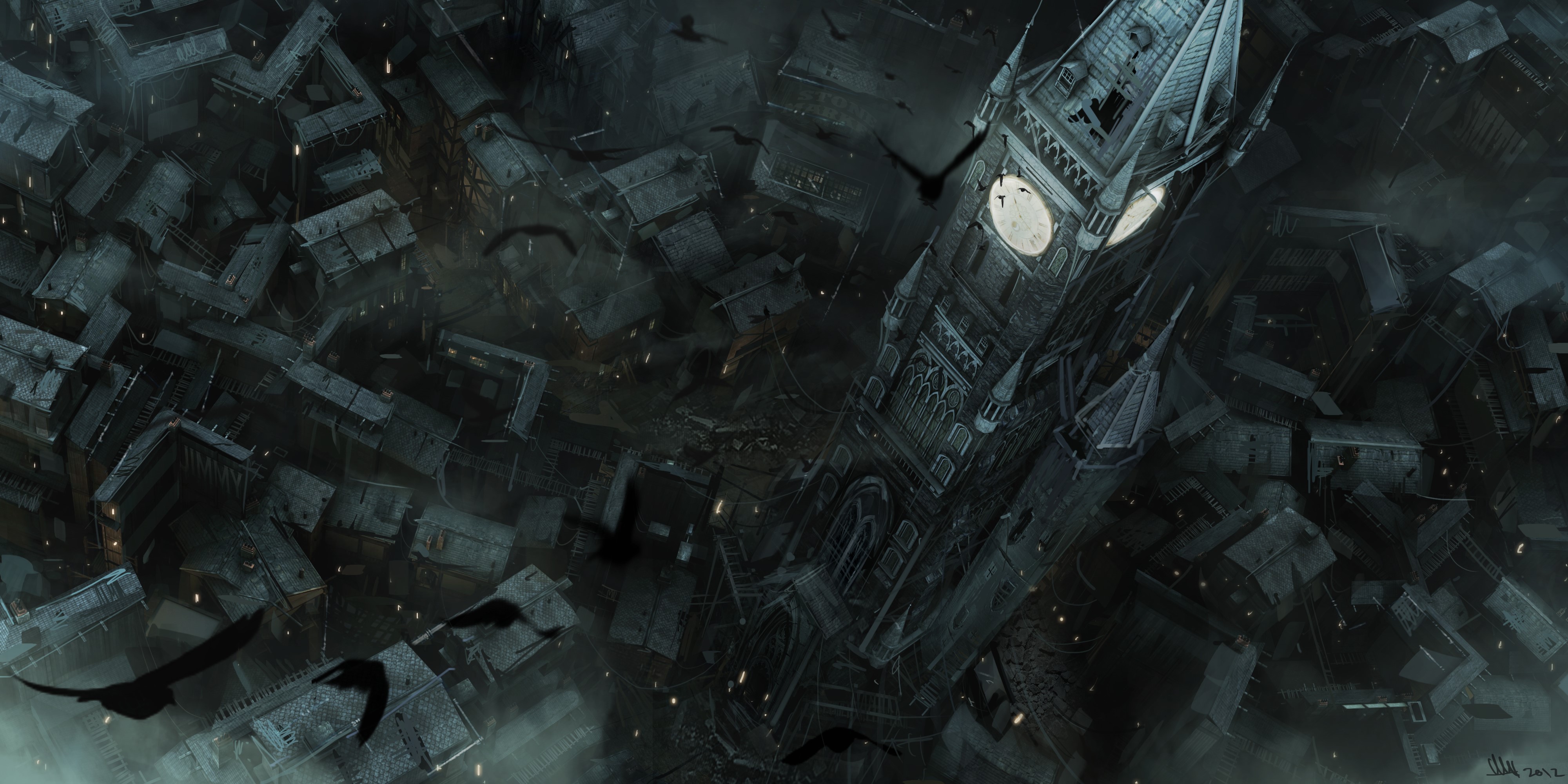 4K Thief Houses Crows Clock Tower from Above HD Wallpaper