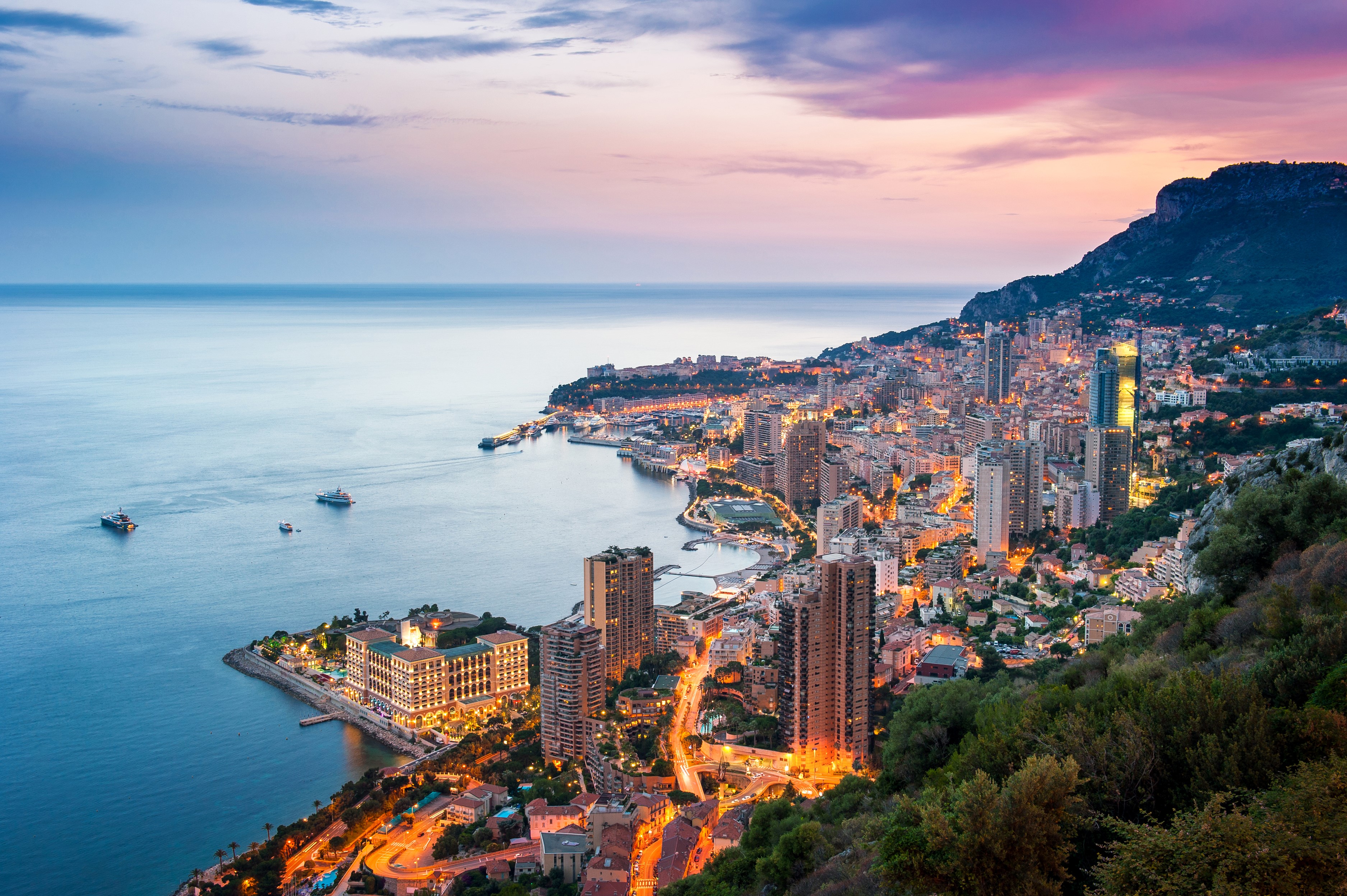 Monte Carlo, Monaco at dusk with the sea and mountains HD Wallpaper
