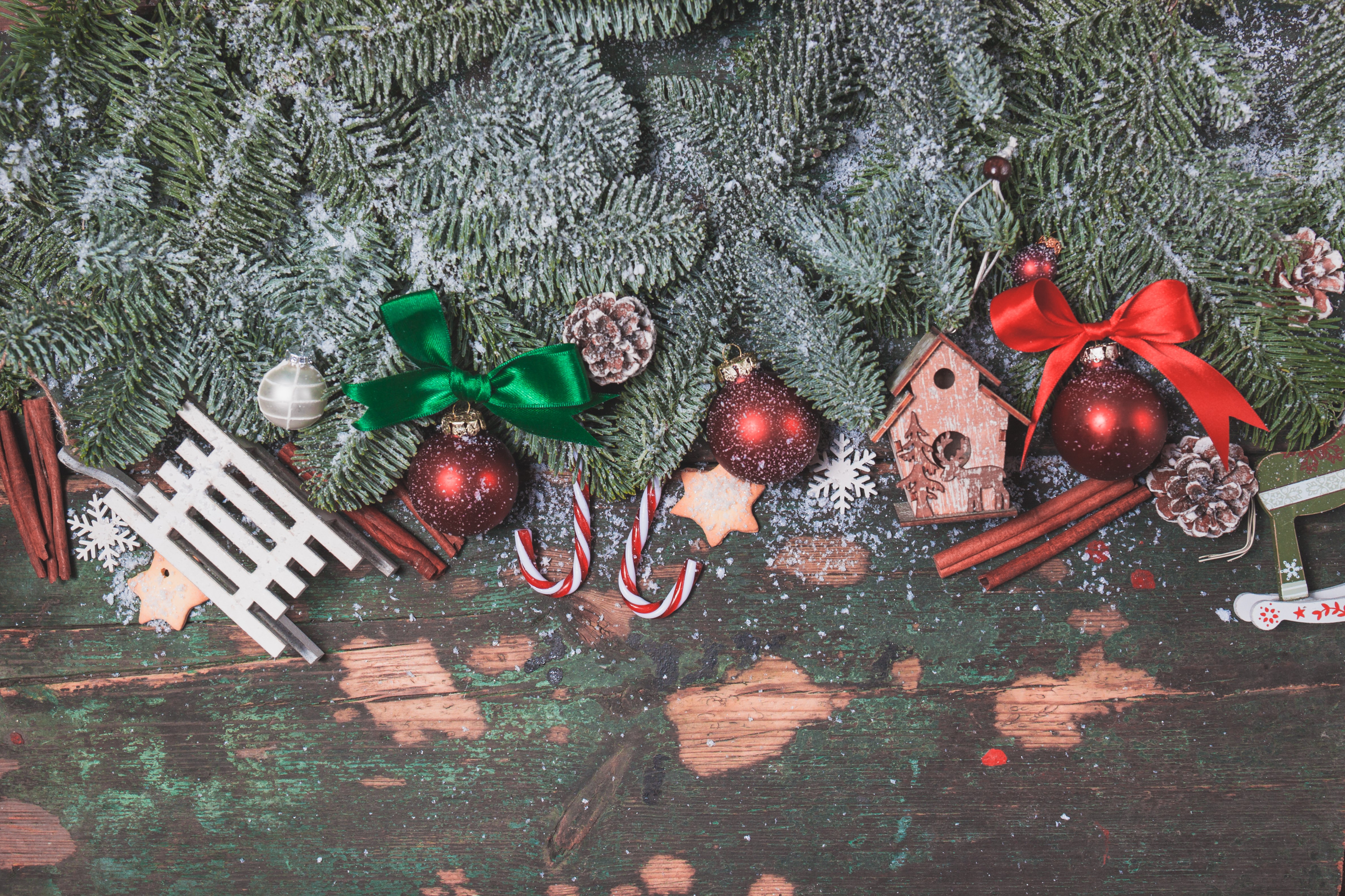 Christmas Decorations with Pine Branches and Ornaments HD Wallpaper