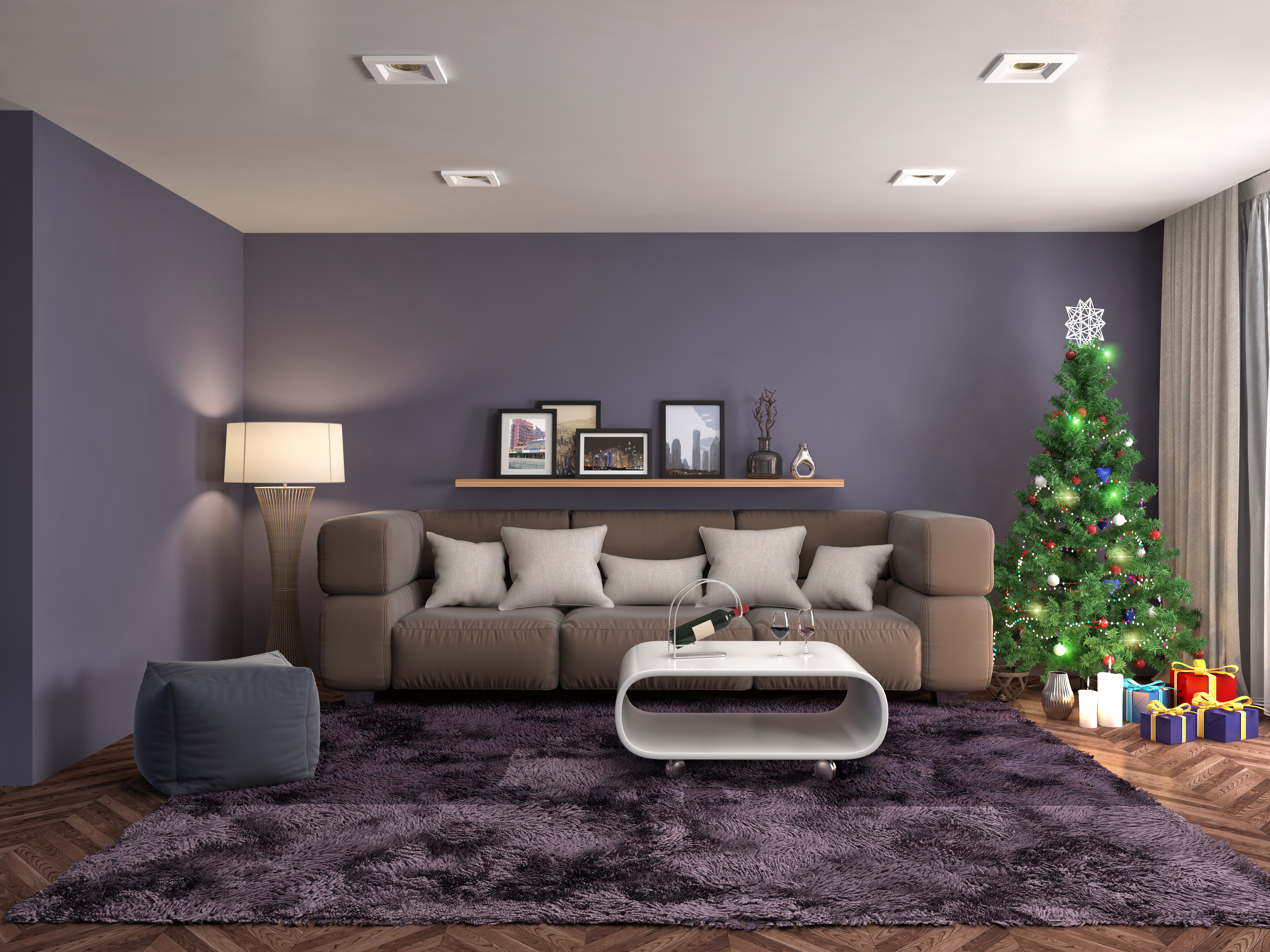 Living room with Christmas tree and sofa HD Wallpaper
