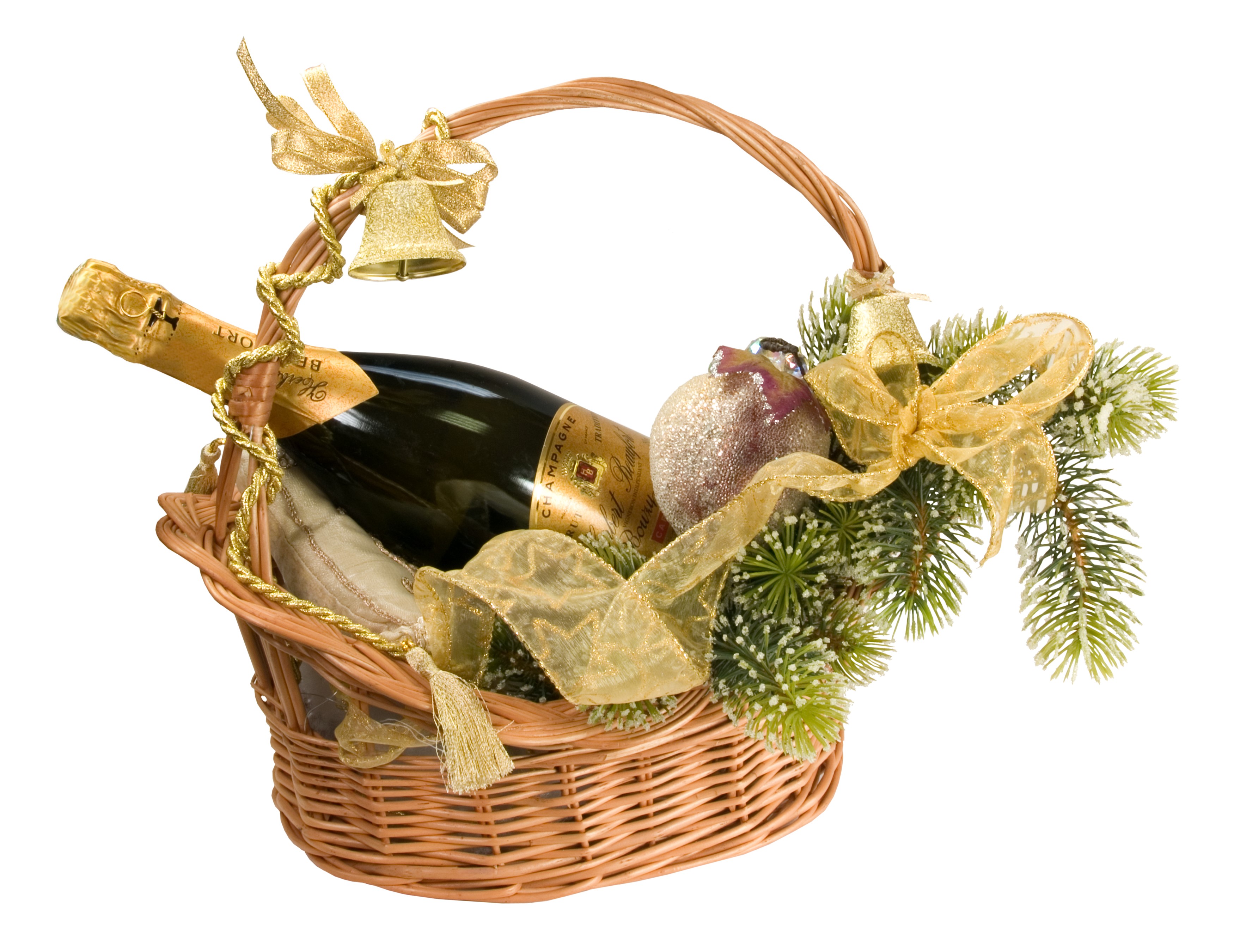 Christmas gift basket with champagne and ornaments HD Wallpaper
