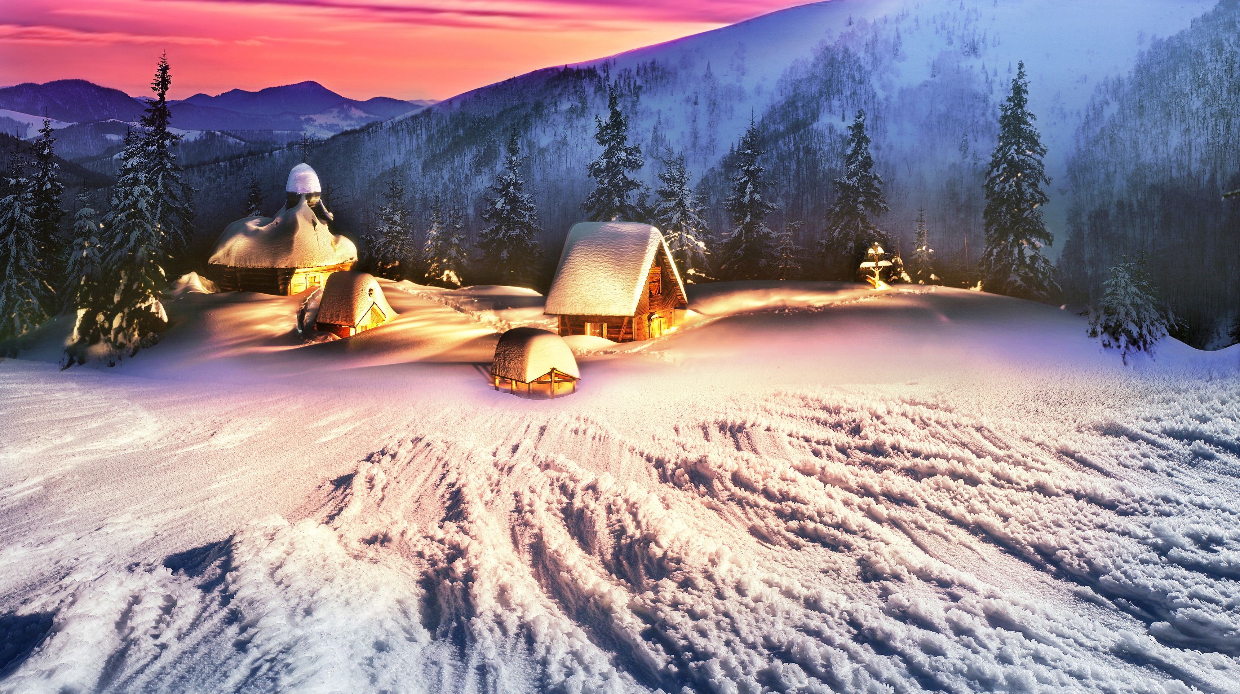 4K Winter Scene in the Ukrainian Carpathians with Snow-Covered Houses HD Wallpaper