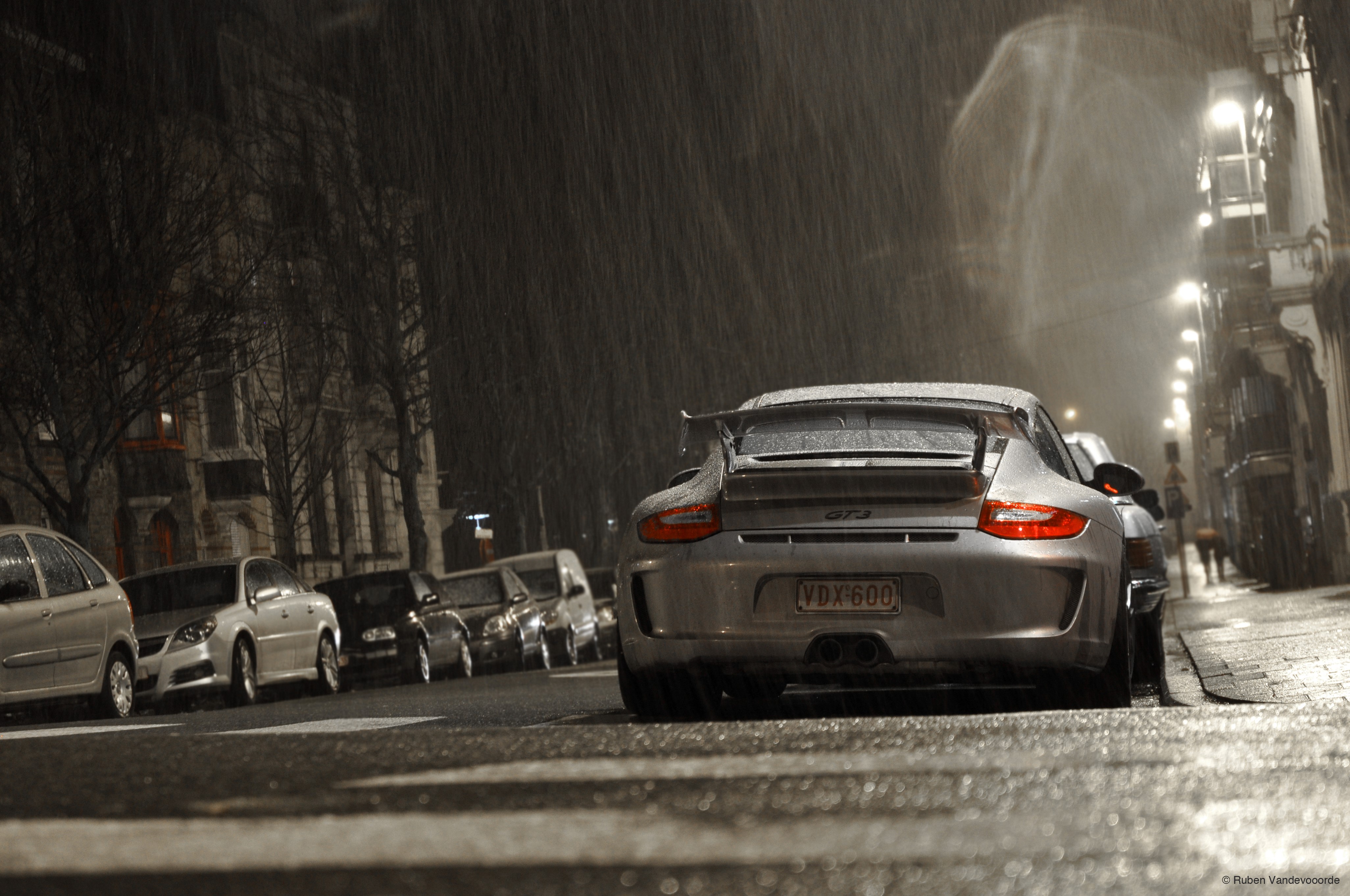 Porsche GT3 in Rain on Street HD Wallpaper