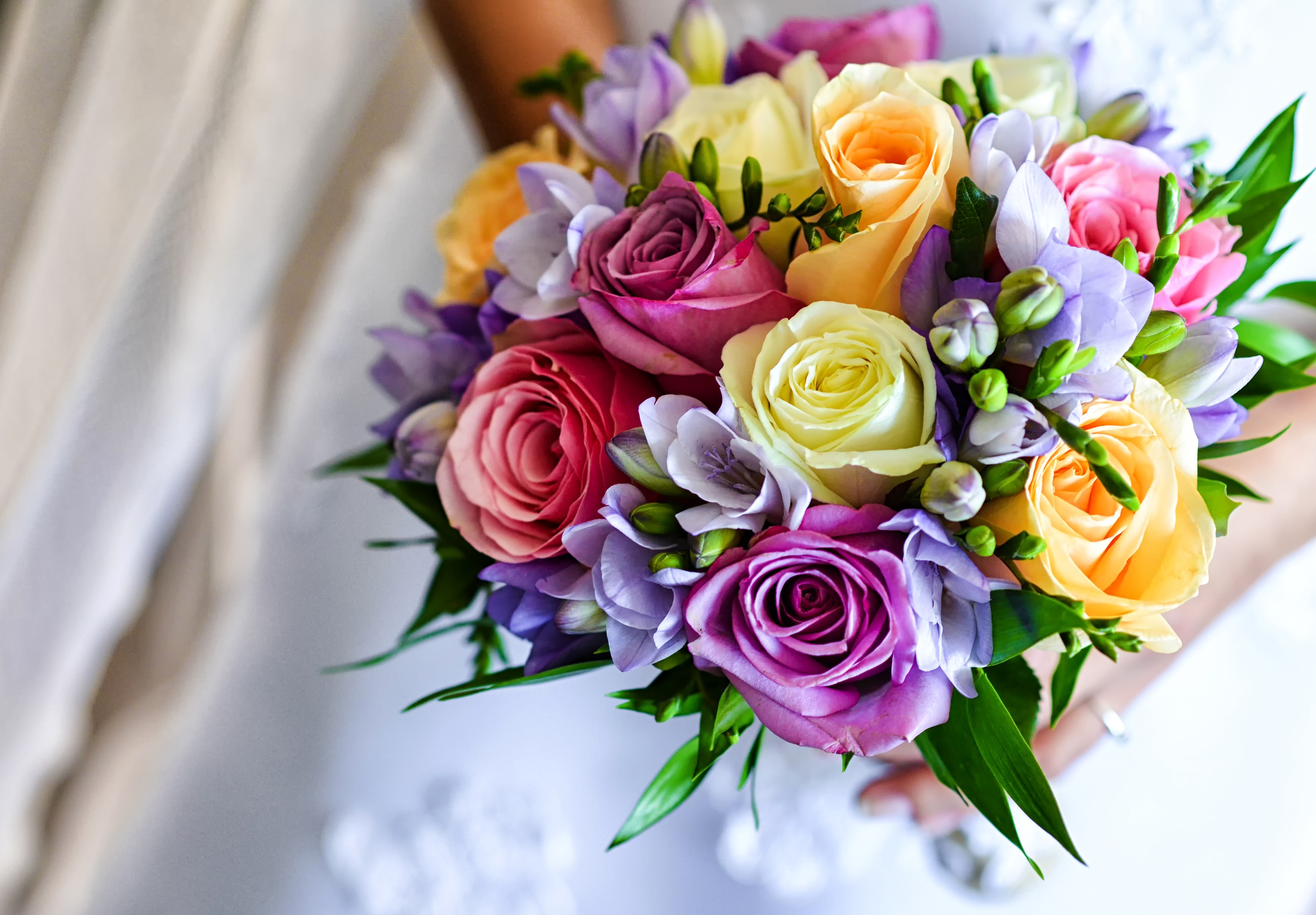 Colorful wedding bouquet of roses and freesia HD Wallpaper