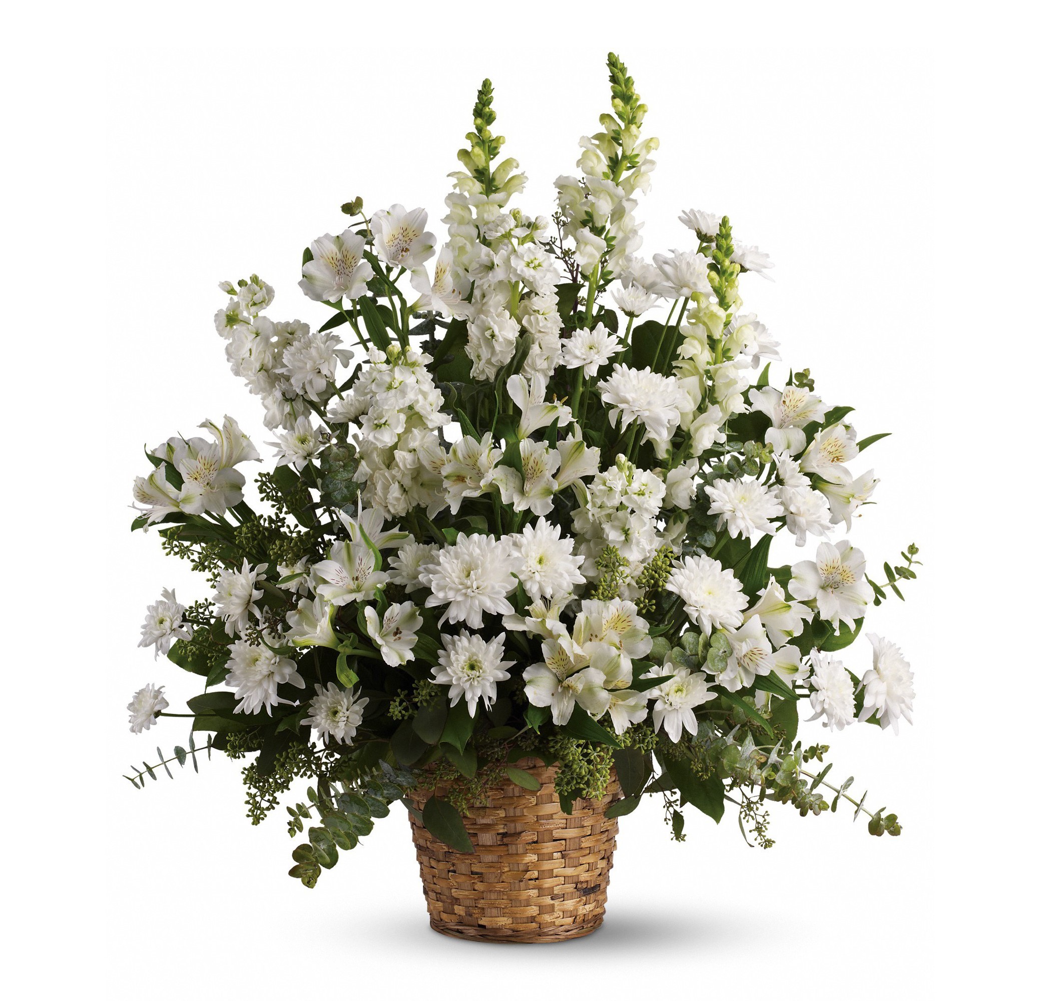 White flower arrangement in a wicker basket HD Wallpaper