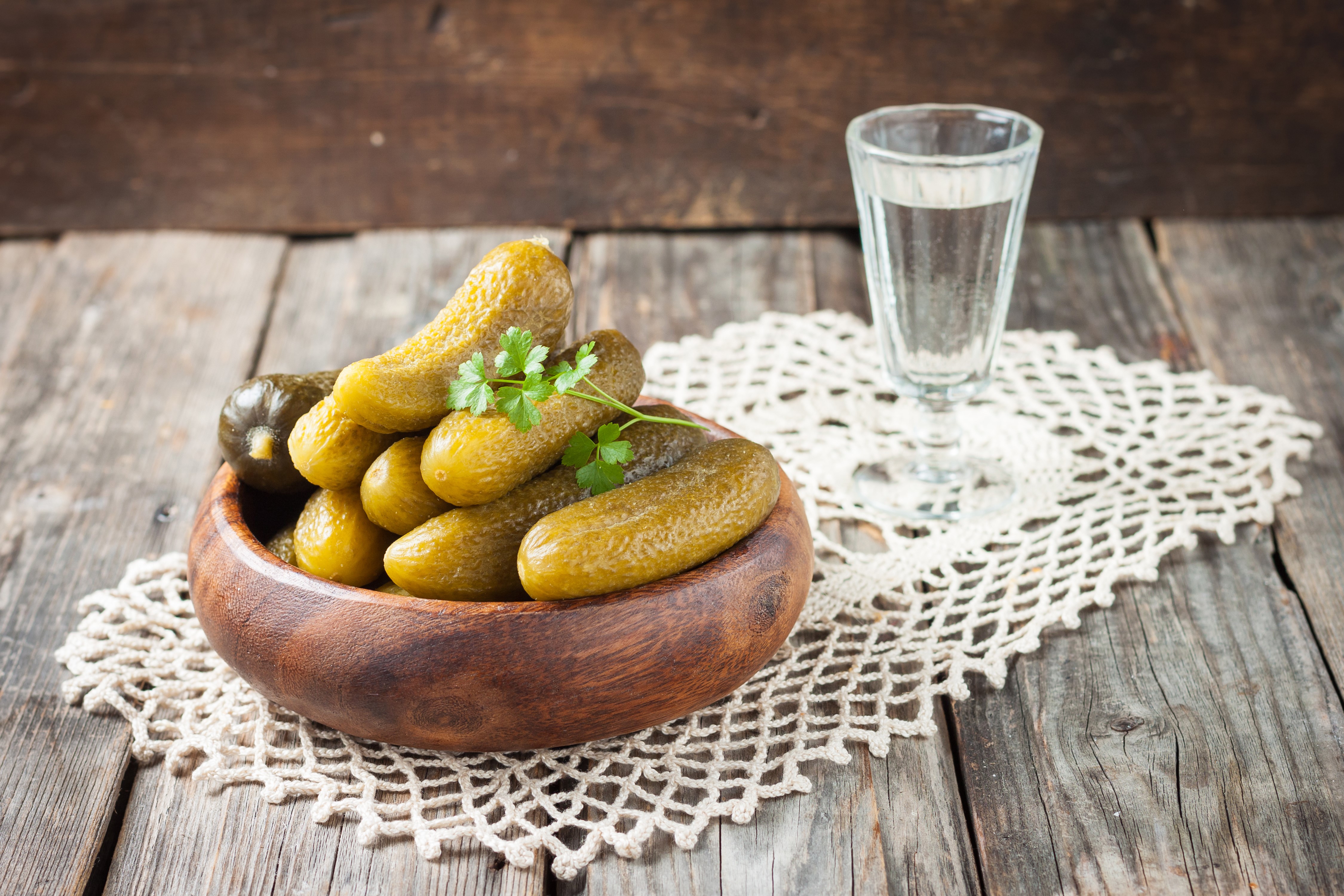 Pickles and Vodka on a Wooden Table HD Wallpaper